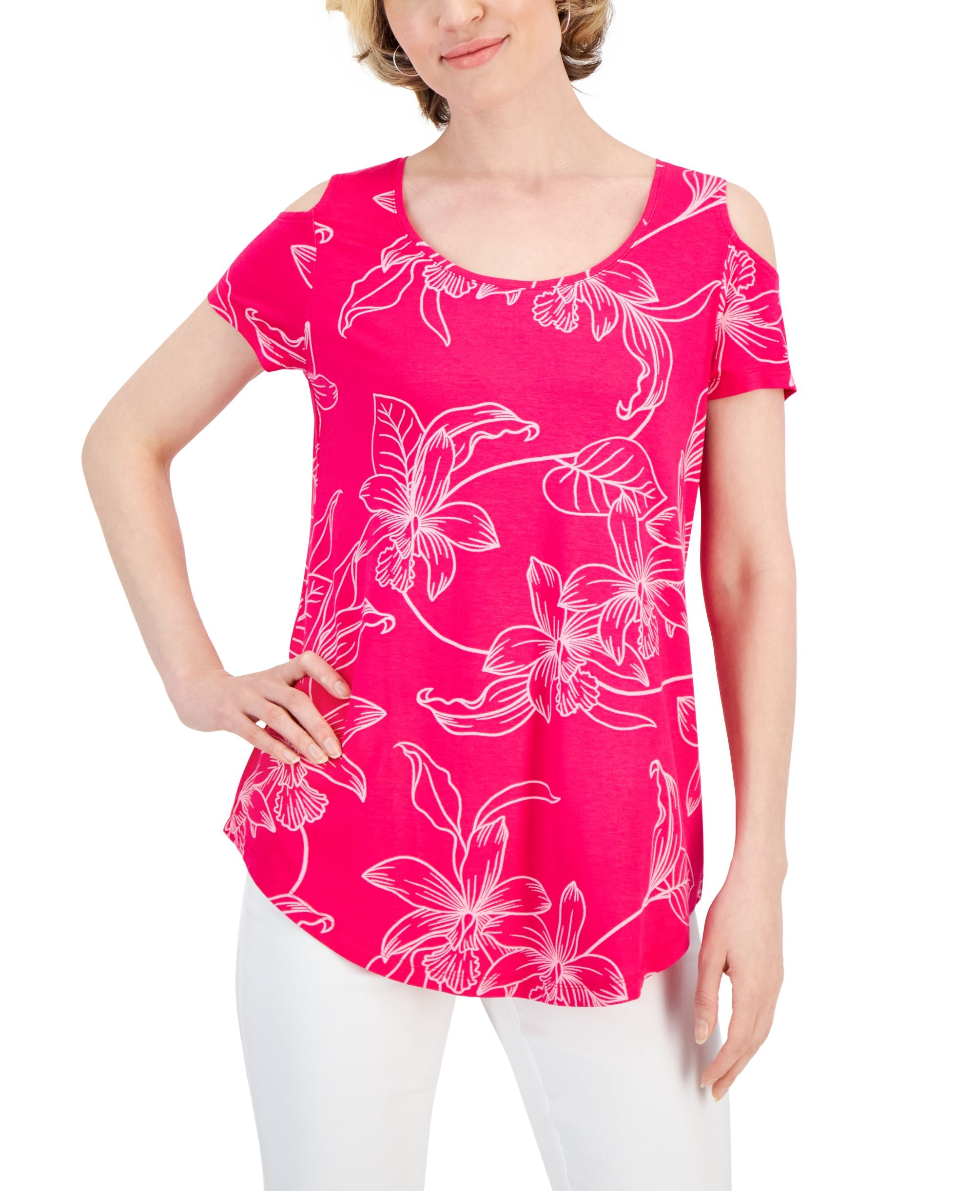 Petite Cold-Shoulder Floral Printed Top