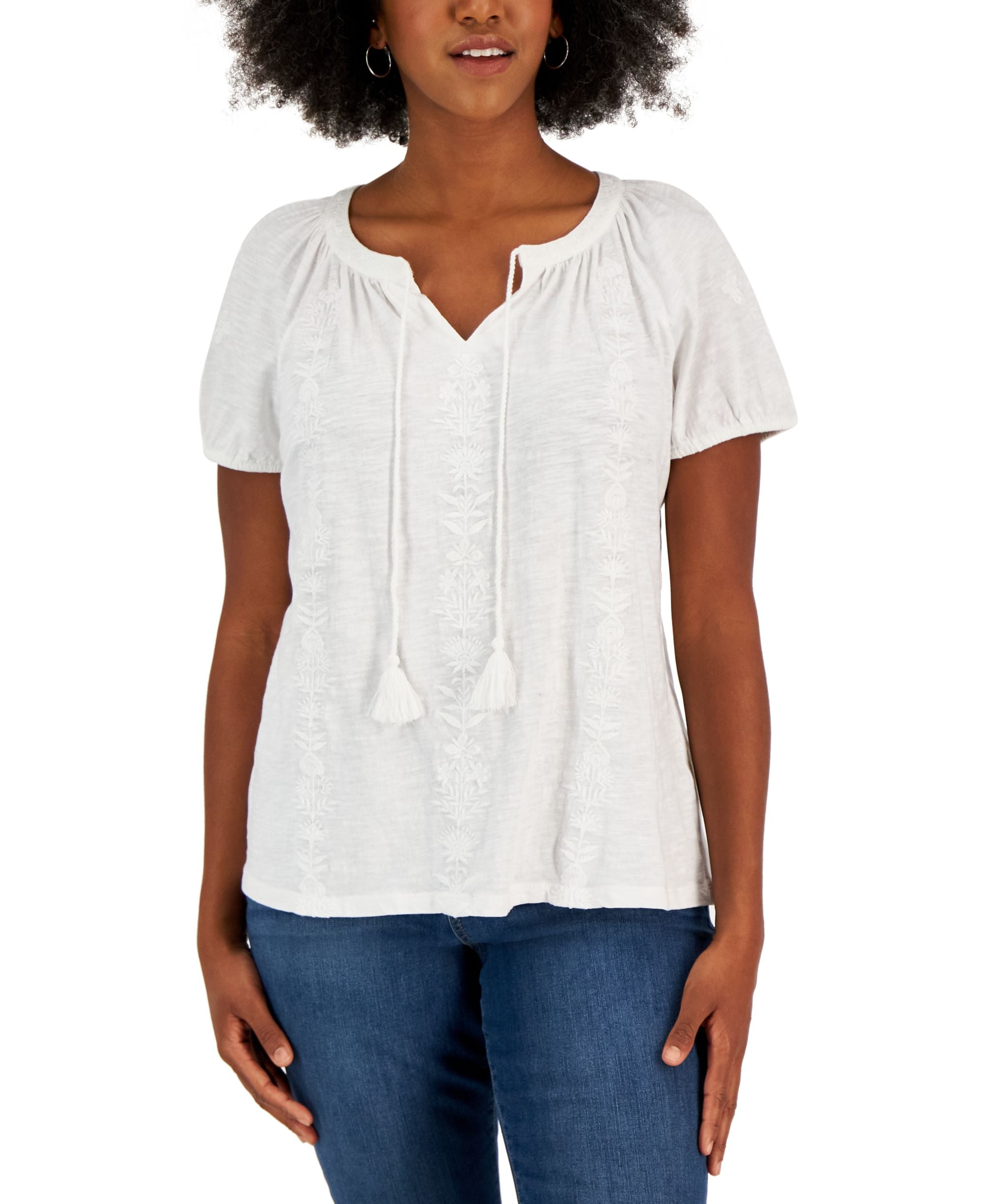 Petite Embroidered Short Sleeve Vacay Top