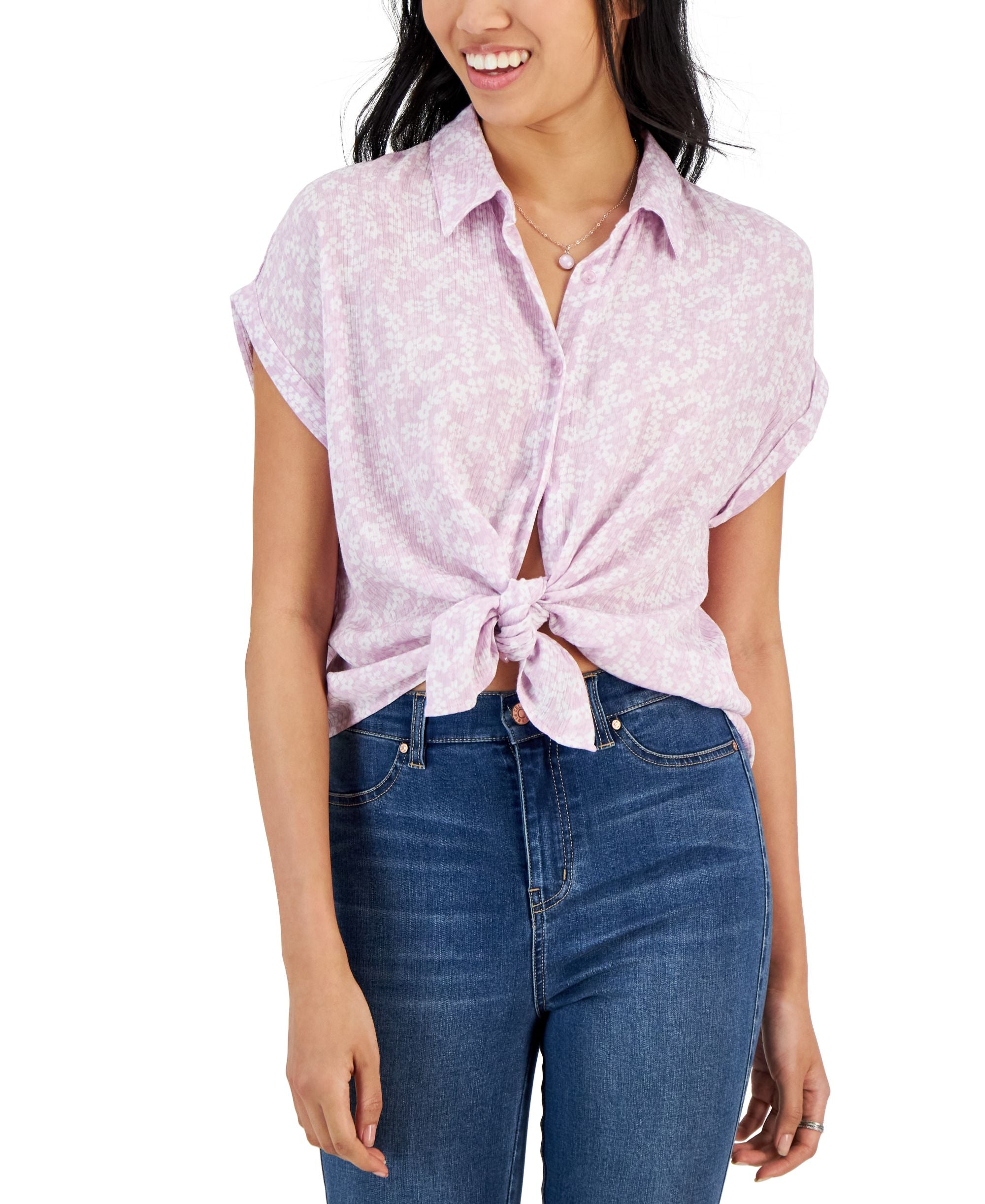 Juniors' Printed Textured Short-Sleeve Shirt