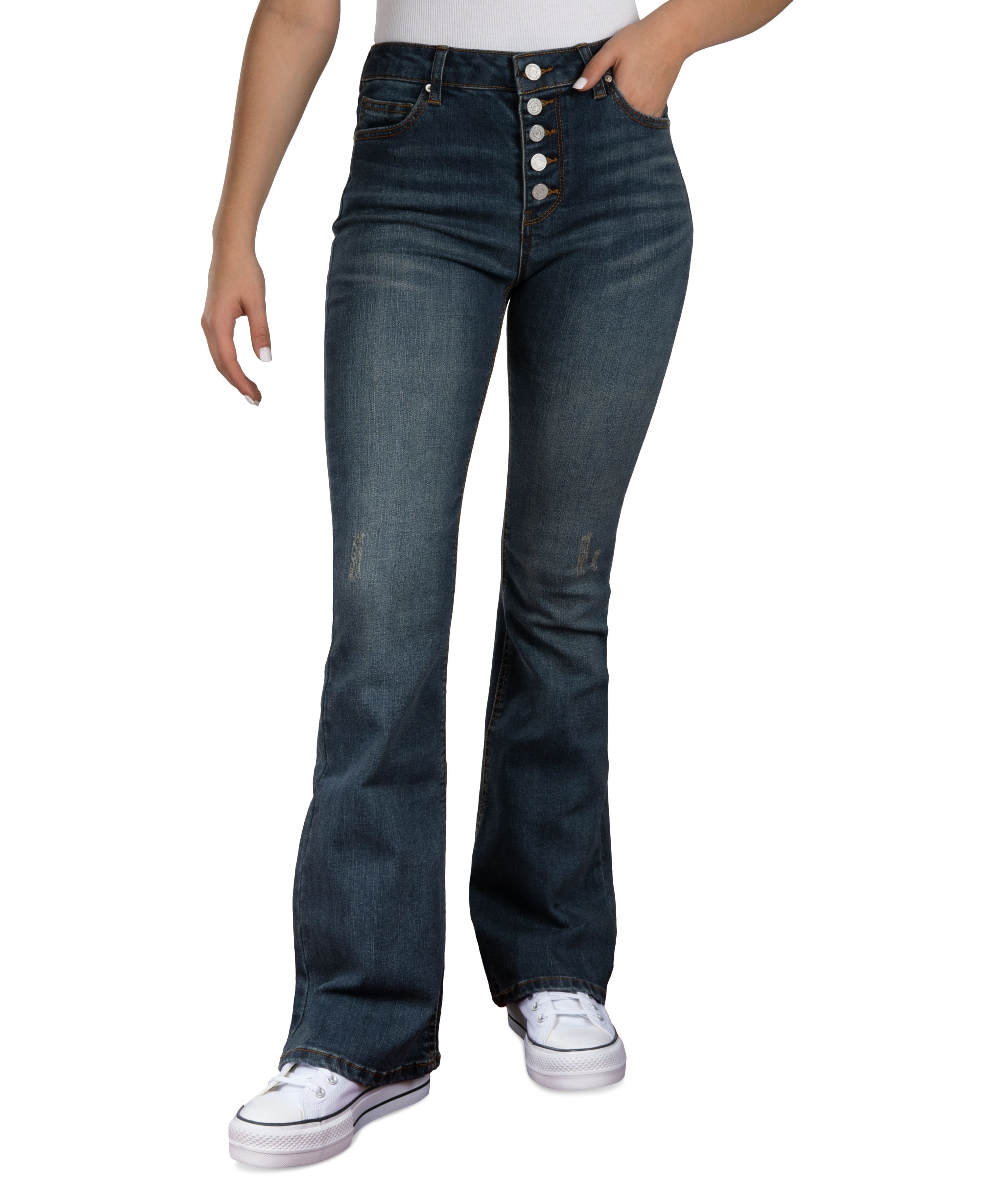 Juniors' High-Rise Button-Fly Flare-Leg Jeans