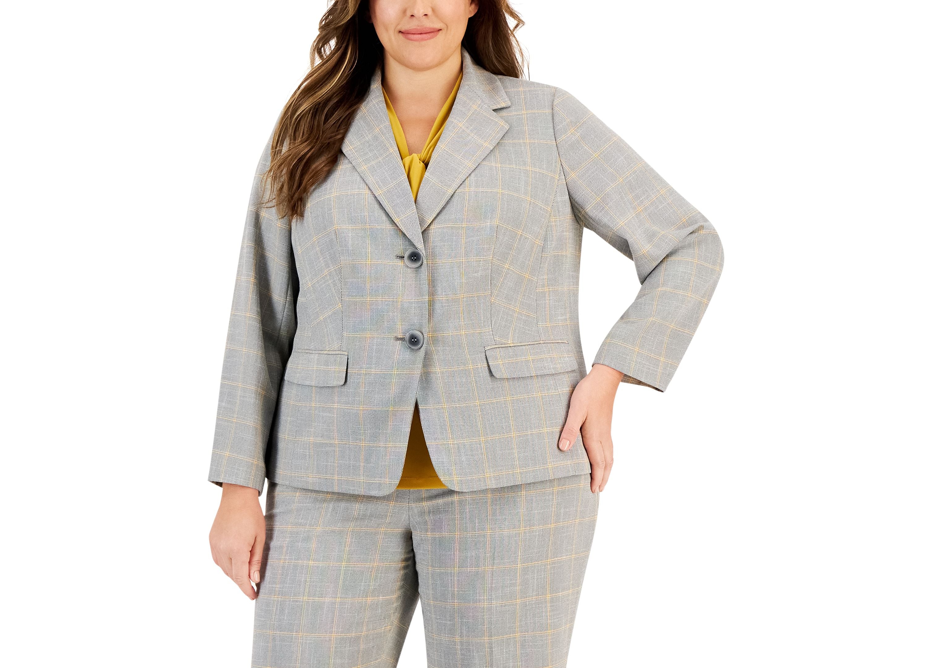 Plus Size Two-Button Long-Sleeve Plaid Blazer