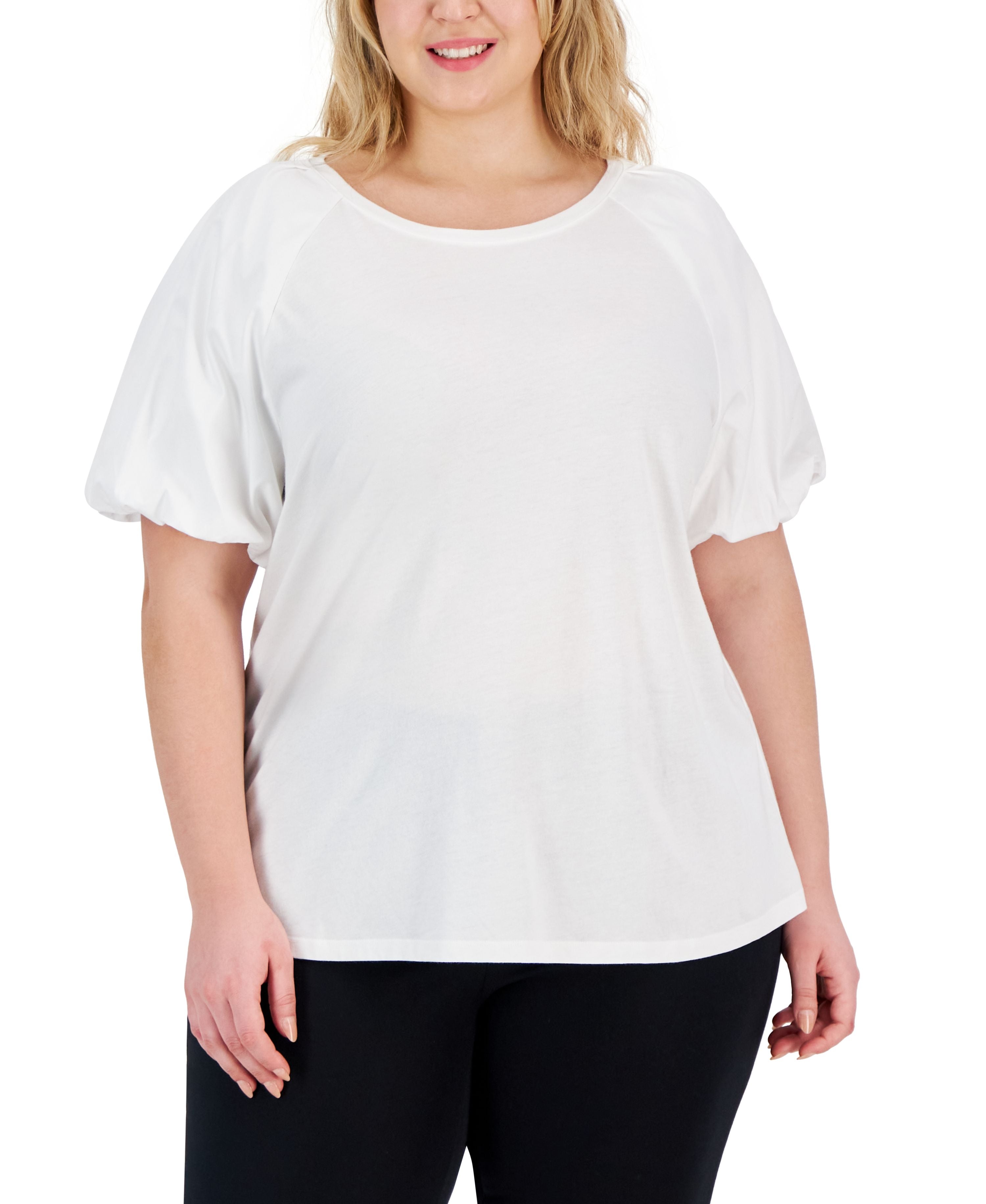 Plus Size Mixed-Media Puff-Sleeve Top