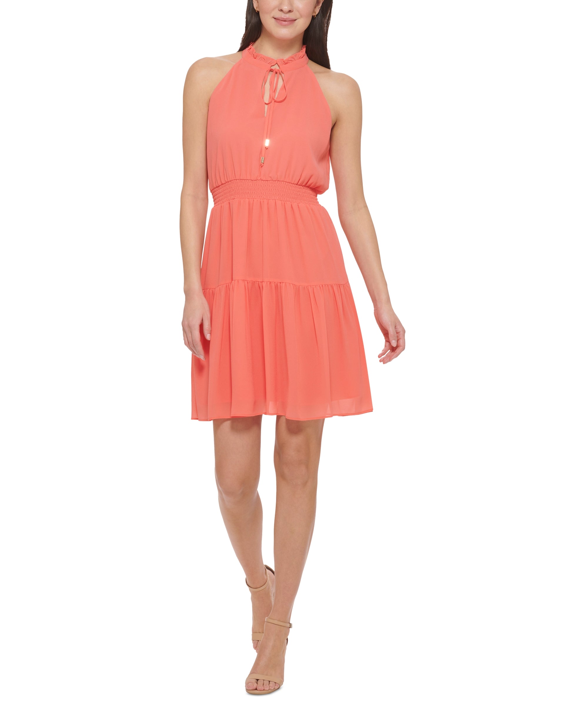 Smocked Chiffon Fit & Flare Dress