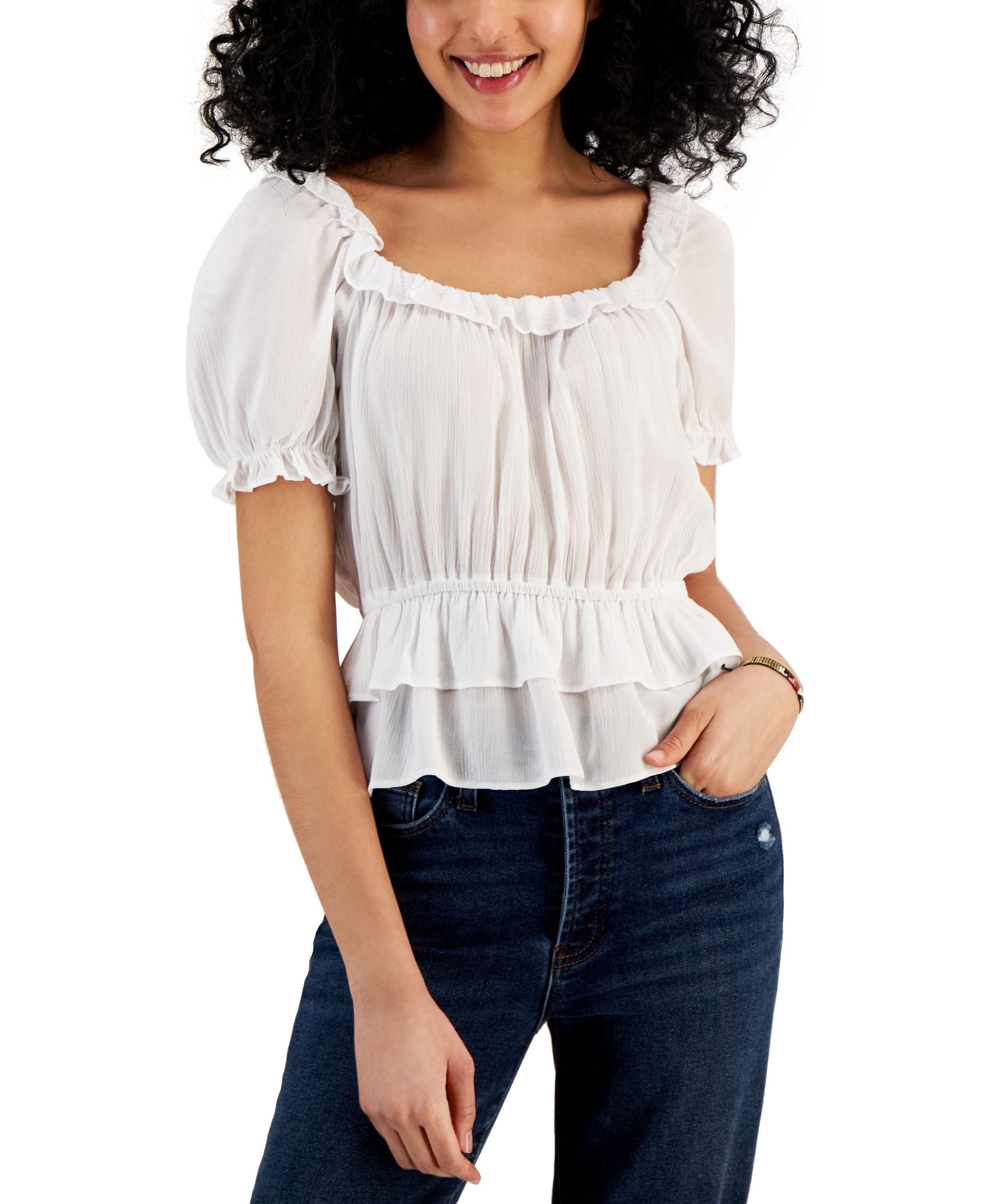 Juniors' Short-Sleeve Ruffle-Hem Peplum Top