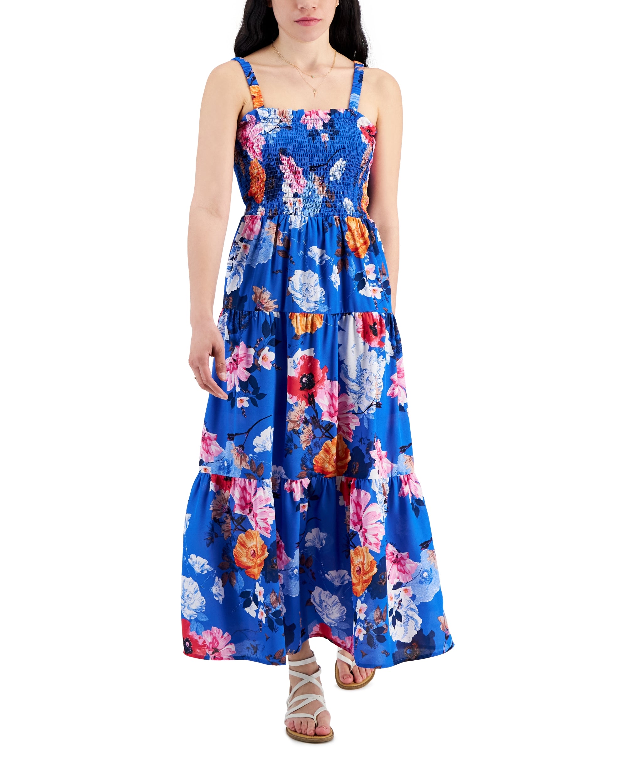 Petite Tiered Spaghetti-Strap Maxi Dress Blue Orange Floral PS