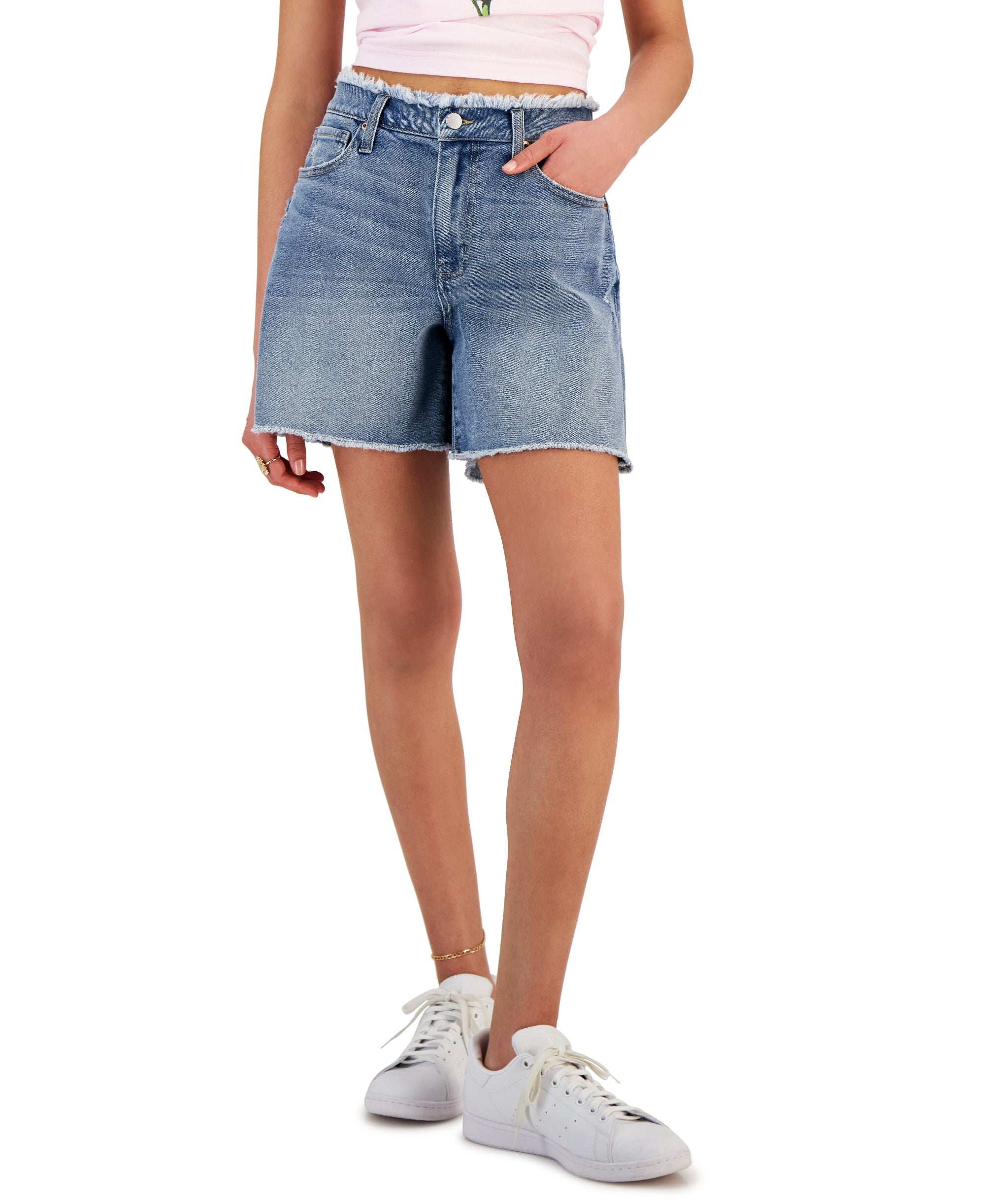 Juniors' High-Rise Distressed Mom Shorts
