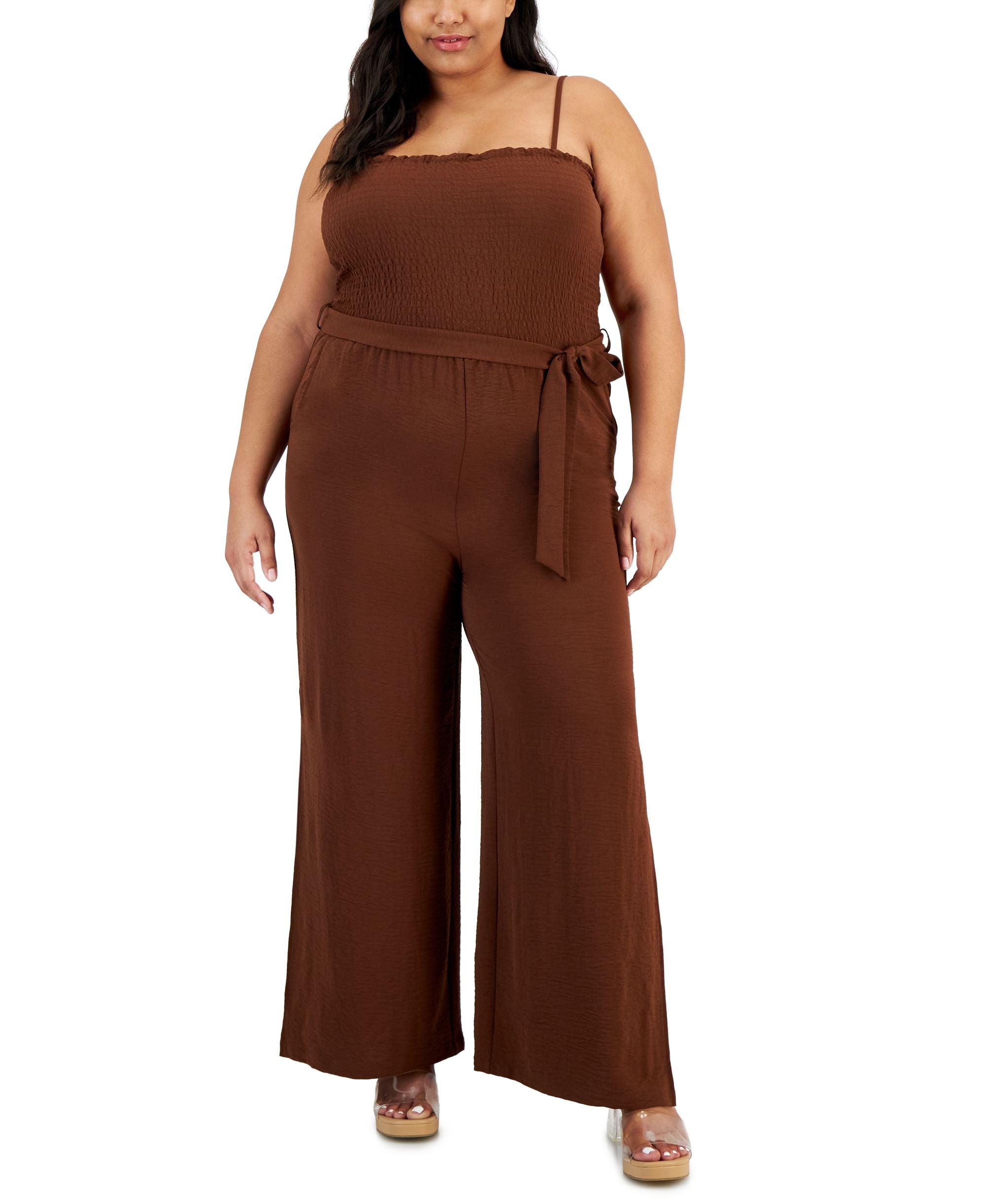 Plus Size Smocked Tie-Waist Slit-Leg Jumpsuit