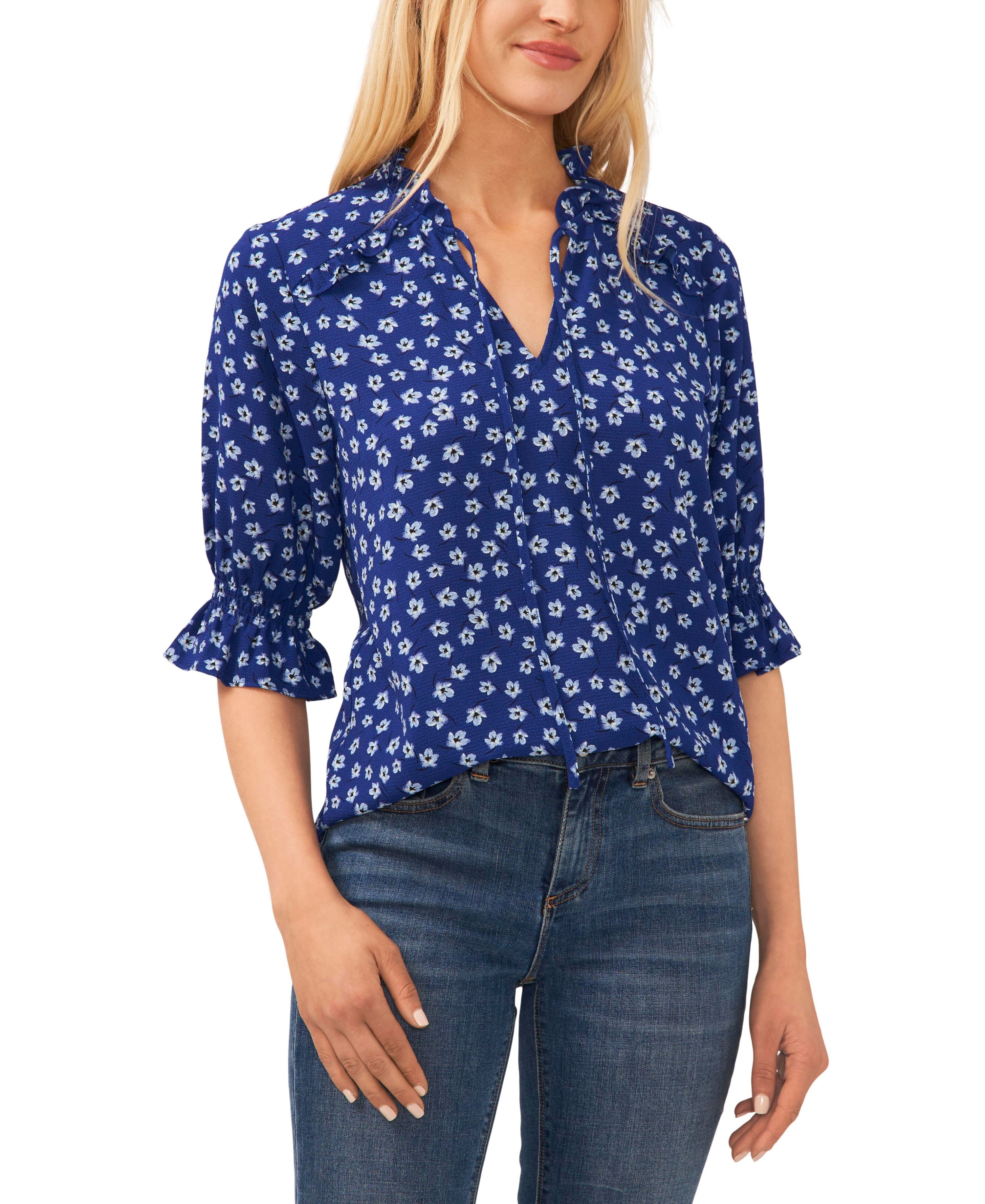 Women's 3/4-Sleeve Tie Neck Floral Print Blouse