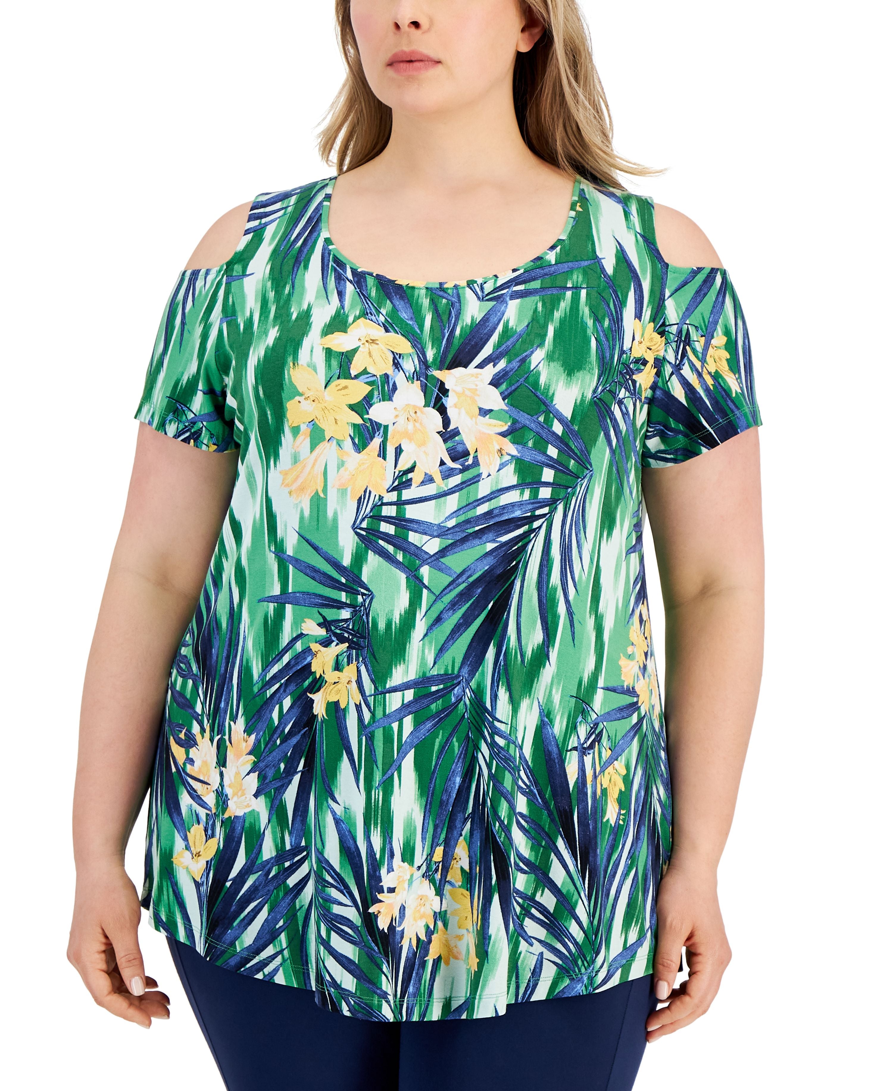 Plus Size Foliage Trop Cold Shoulder Scoop-Neck Top