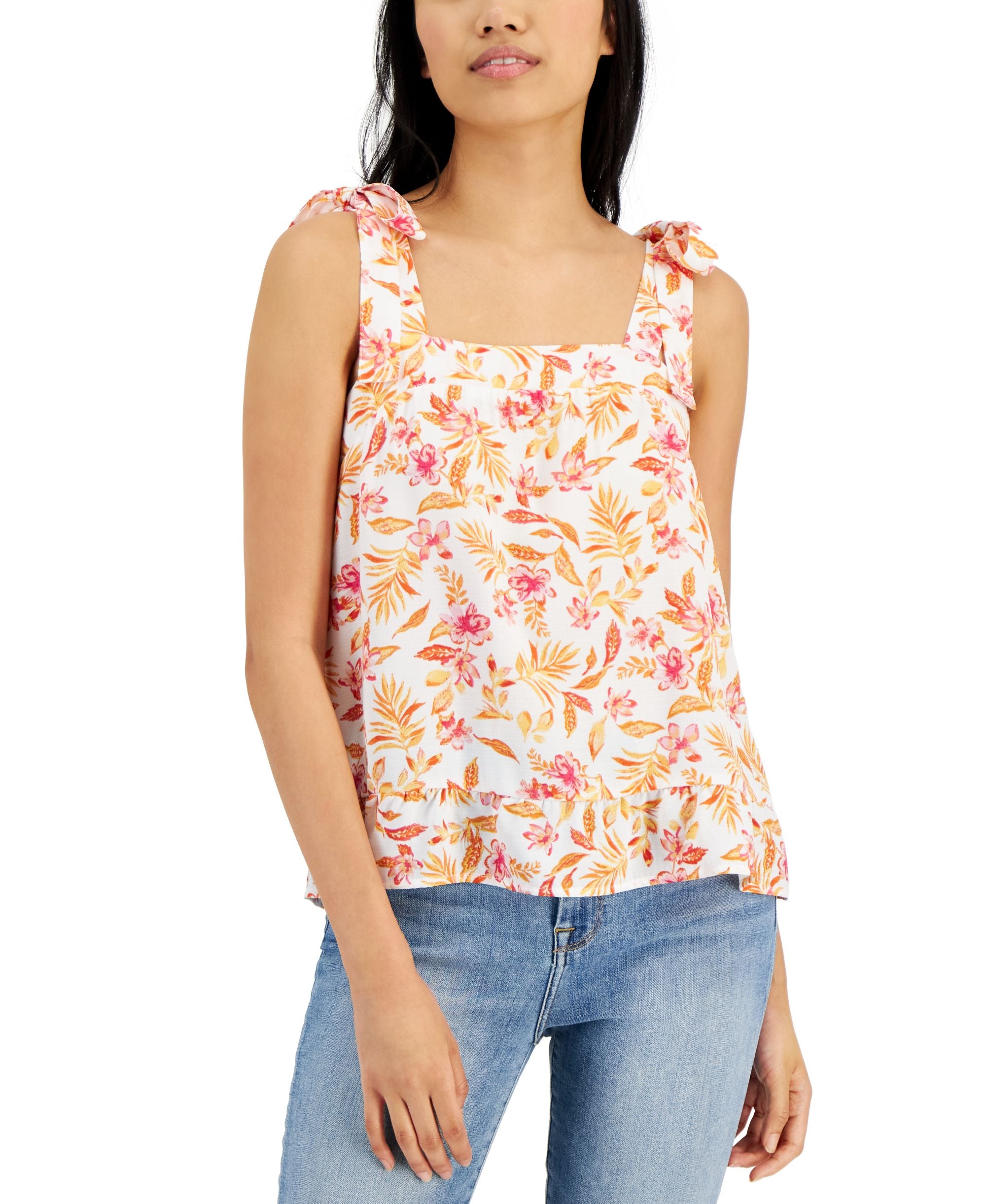 Juniors' Square-Neck Tie-Strap Smocked Top