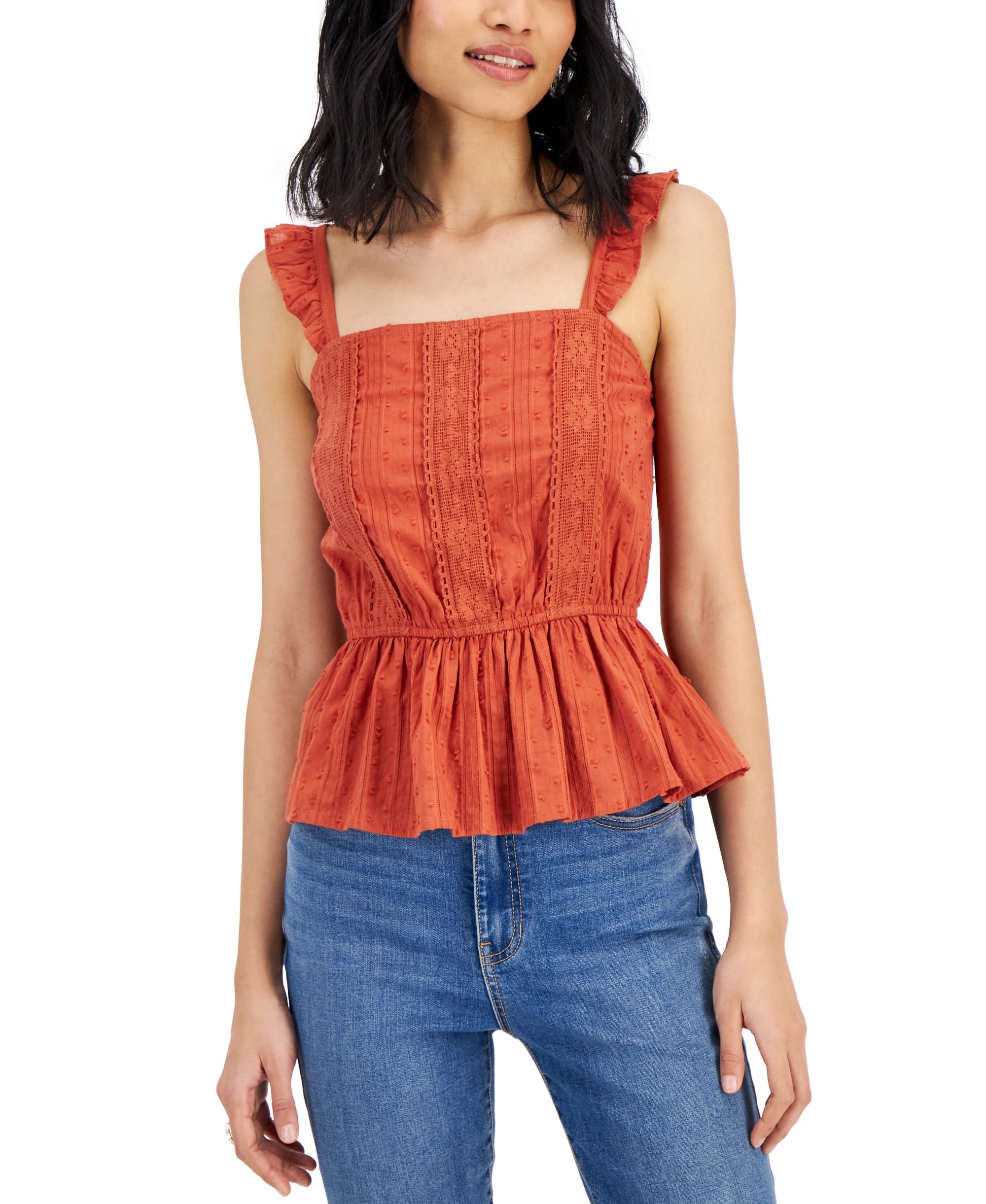 Juniors' Cotton Crochet-Trim Flutter-Strap Top
