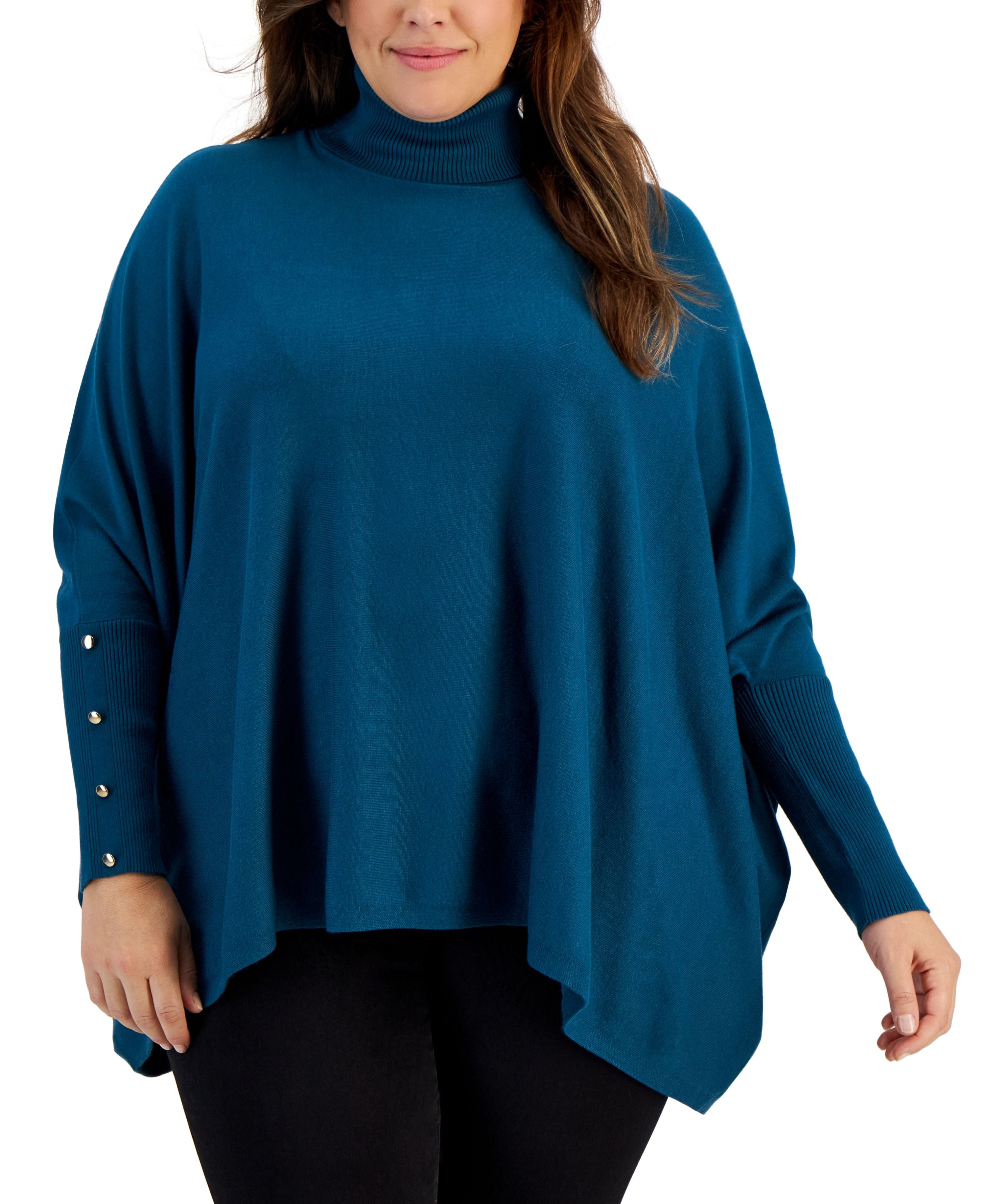 Plus Size Solid Turtleneck Poncho Sweater