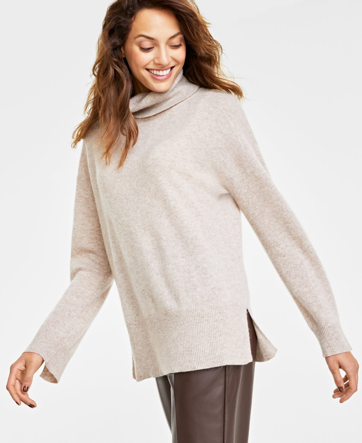 Women's 100% Cashmere Turtleneck Split-Hem Sweater