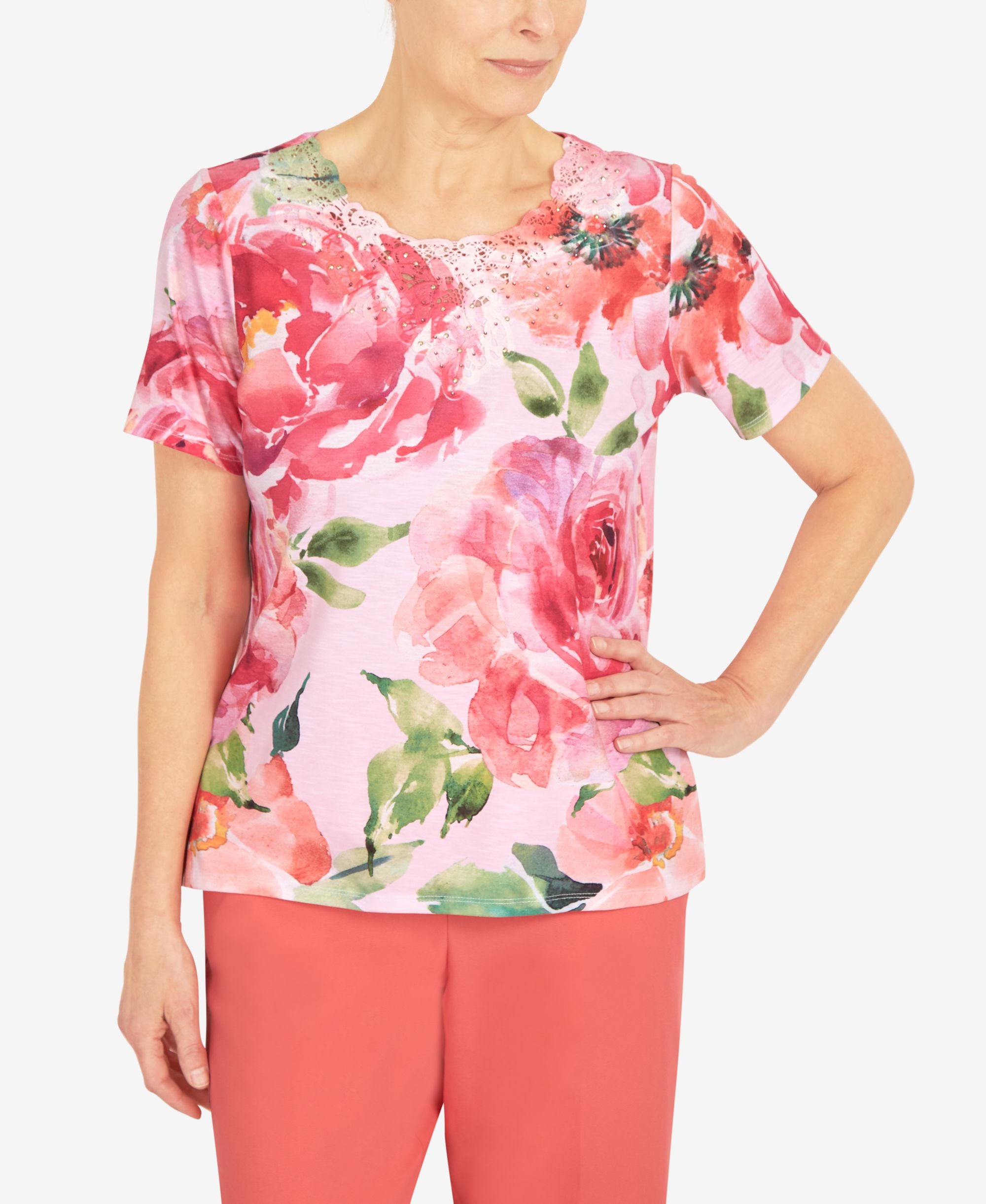 Women's Lace Neck Floral T-shirt
