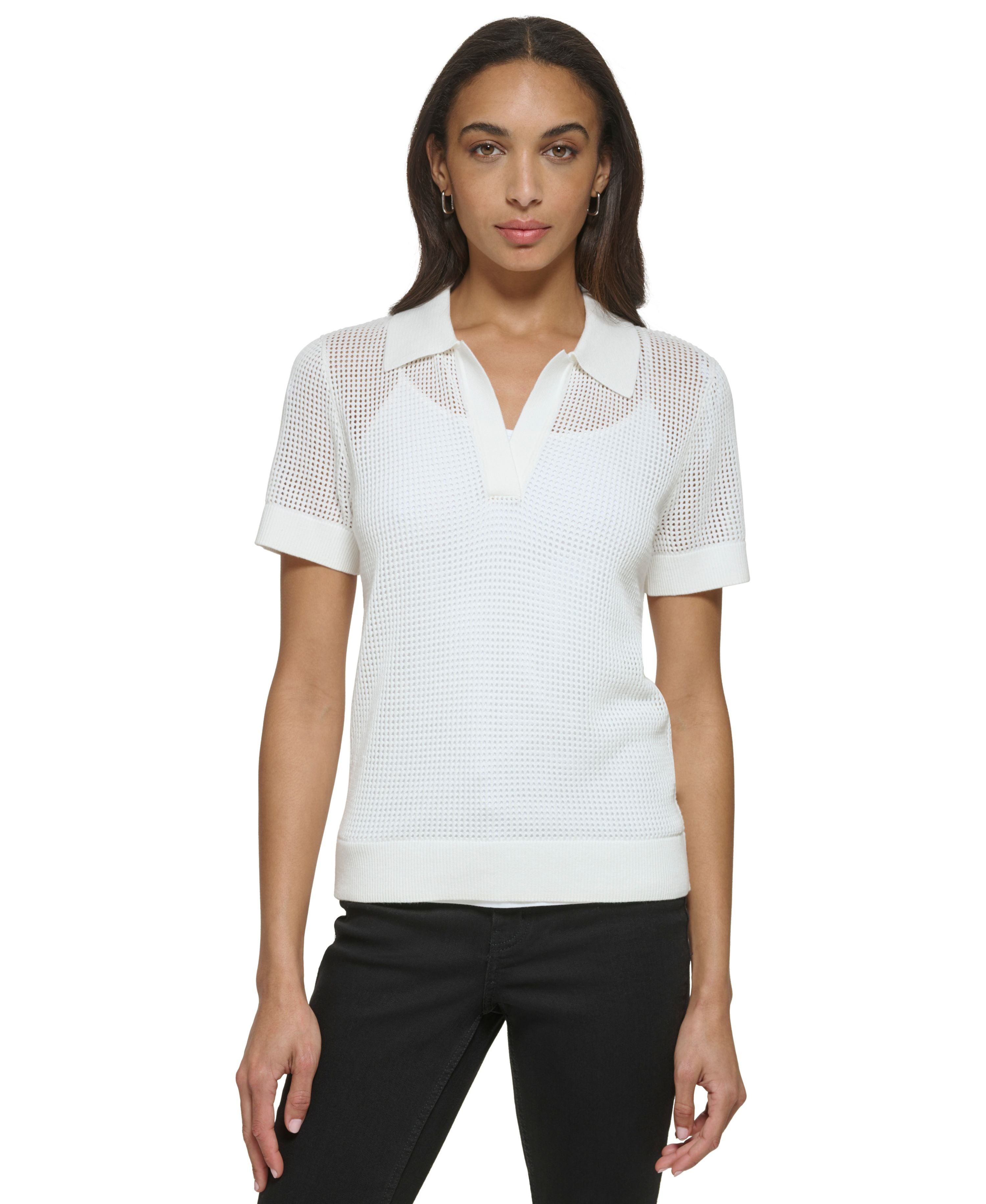 Women's Mesh Collared Short-Sleeve Top