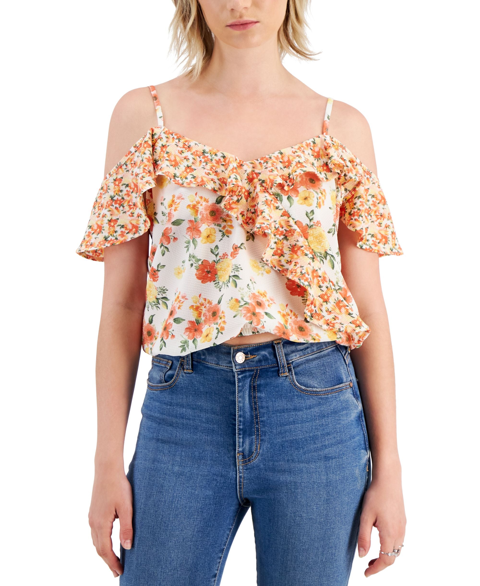 Juniors' Printed Cold-Shoulder Top