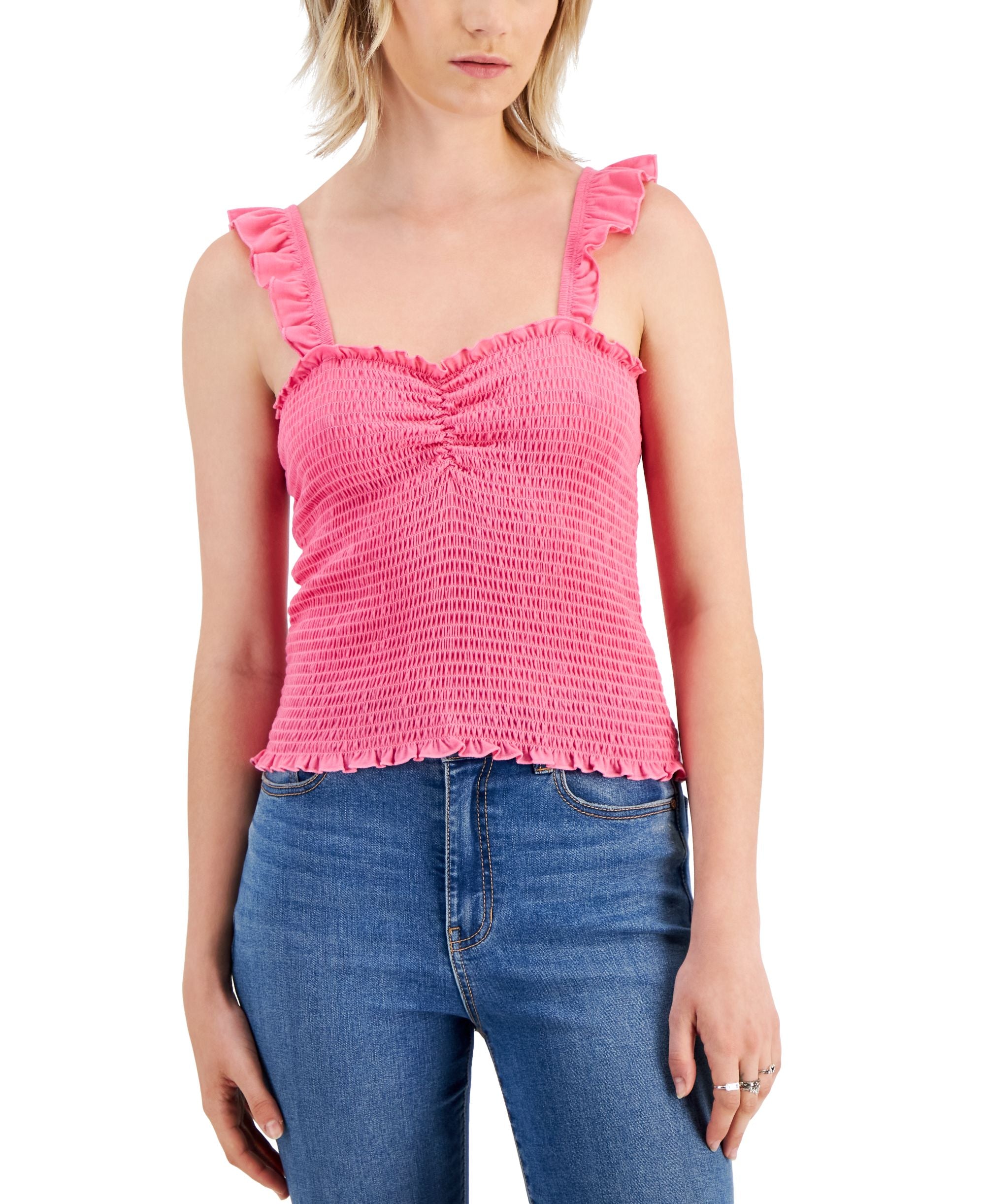 Juniors' Flutter-Strap Smocked Cinch-Neck Tank Top
