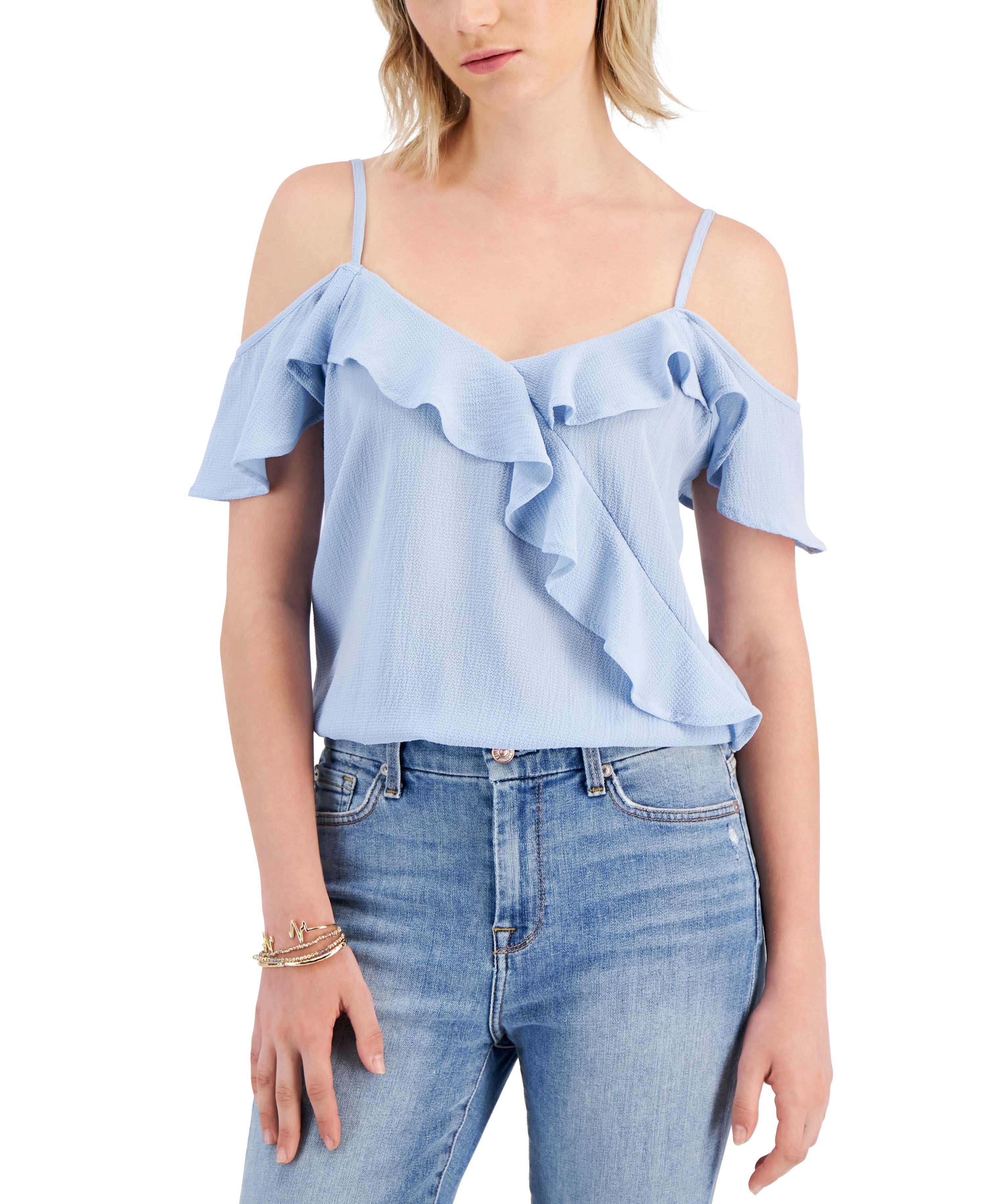 Juniors' Ruffled Cold-Shoulder Top
