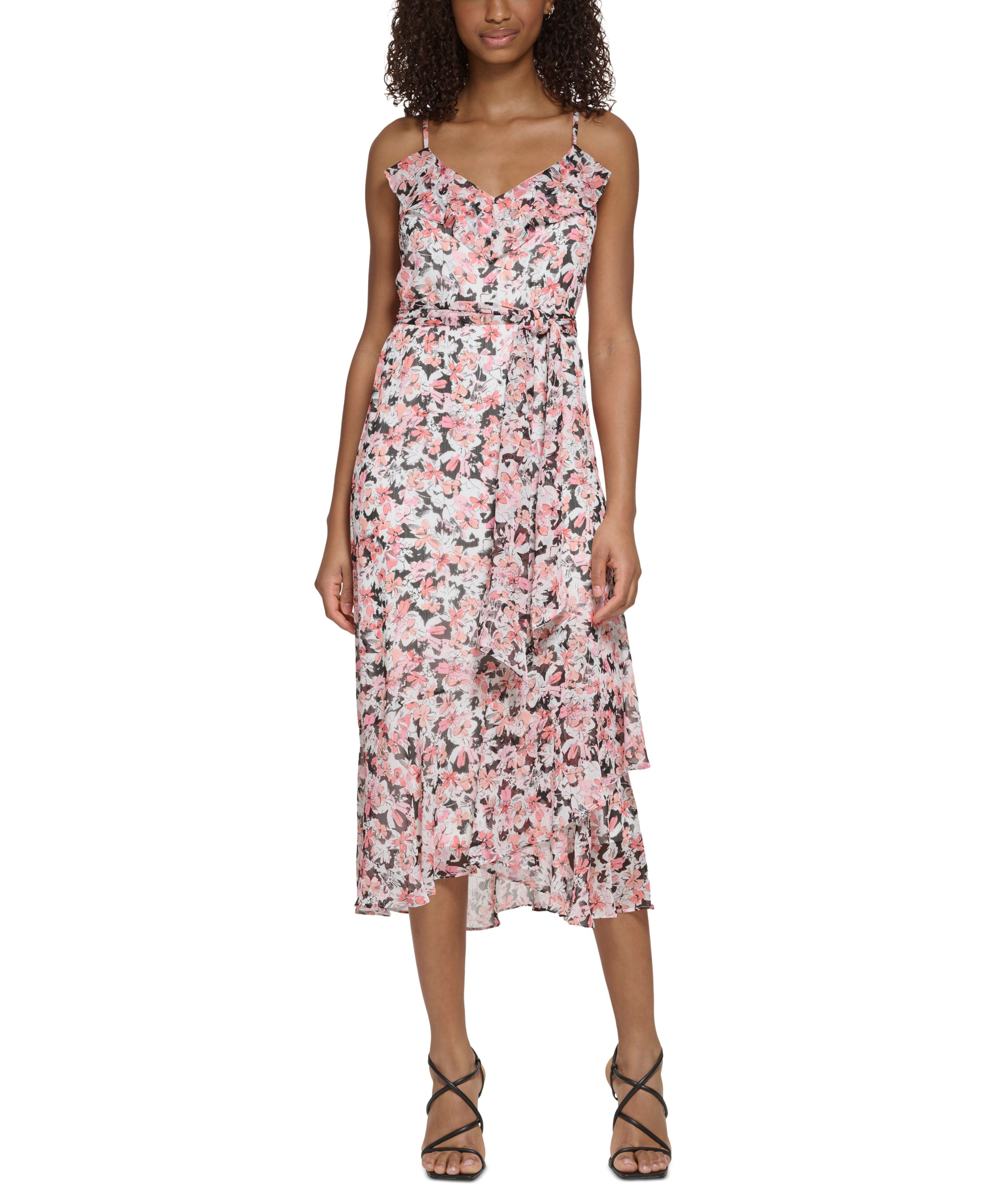 Women's Floral-Print Ruffled Tie-Waist Chiffon Sleeveless Midi Dress