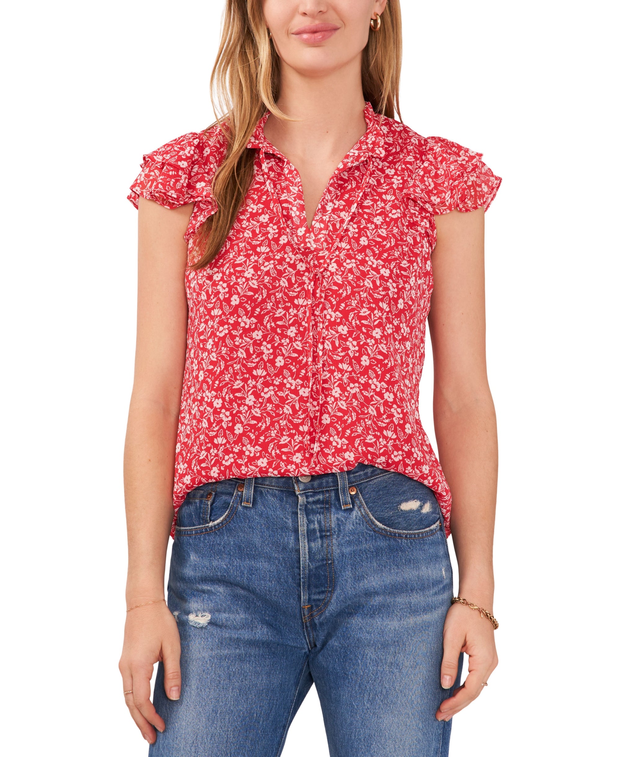 Petite Flutter-Sleeve Tie-Neck Top
