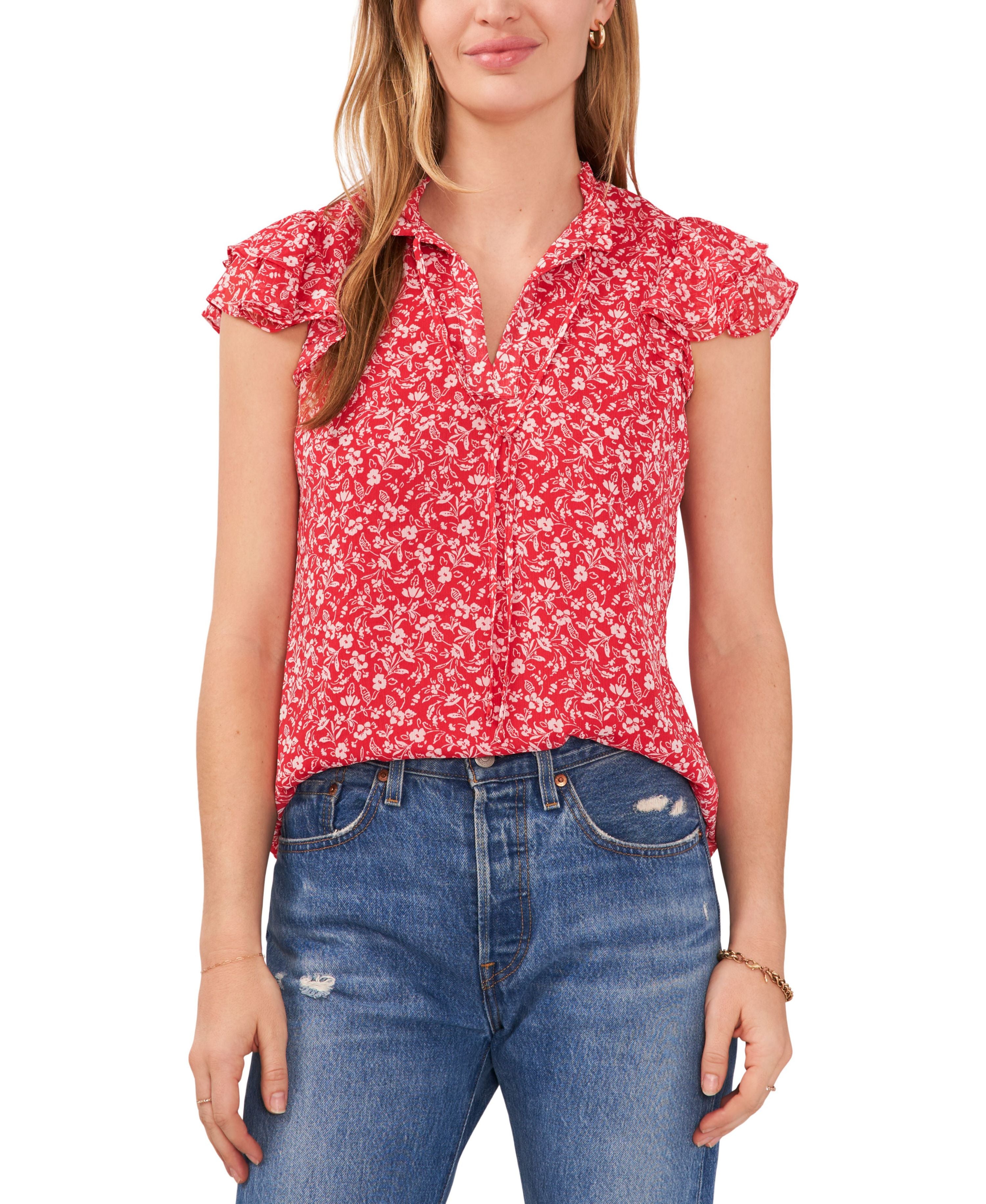 Petite Flutter-Sleeve Tie-Neck Top