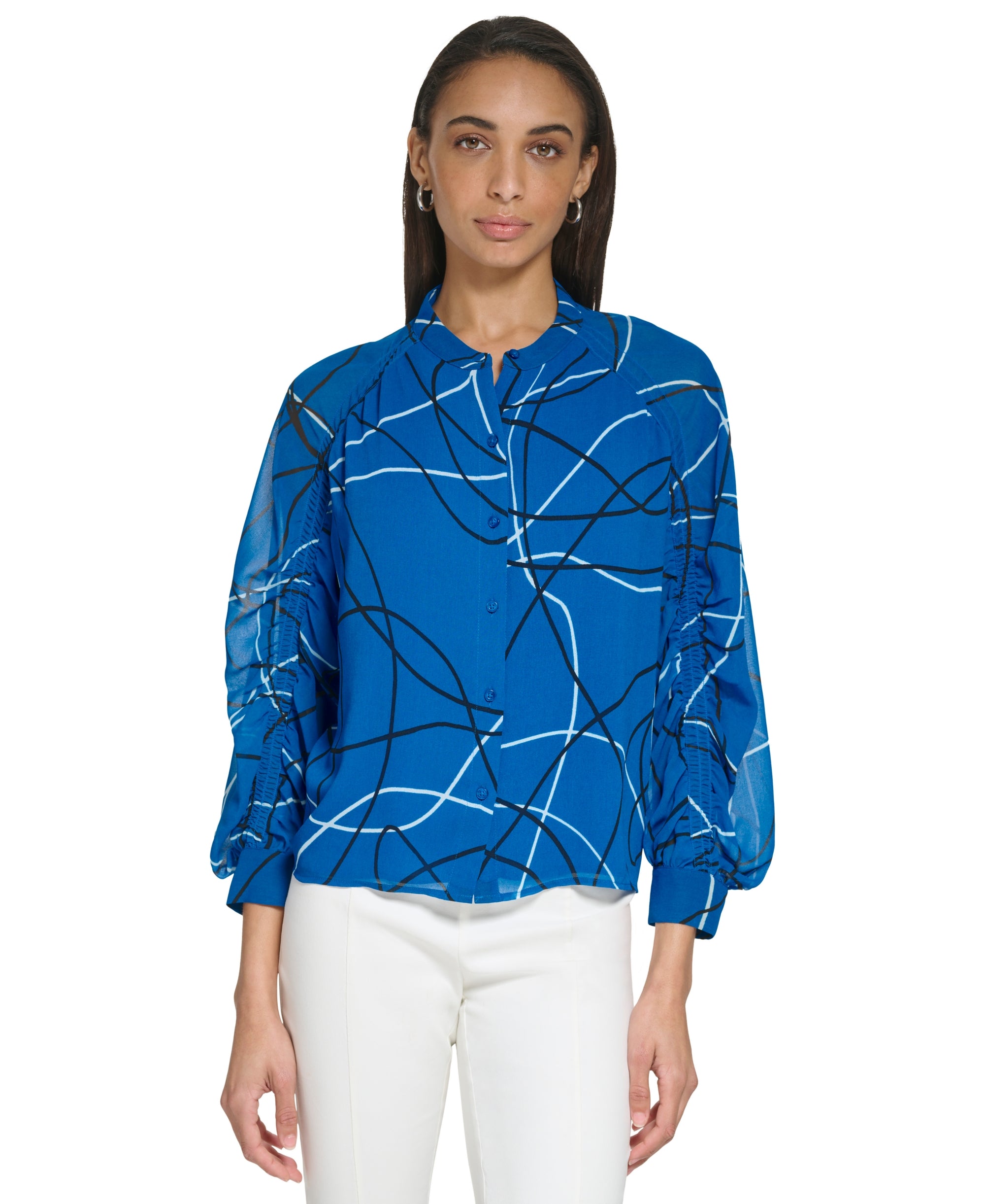 Abstract Print Cinched Long Sleeve Blouse