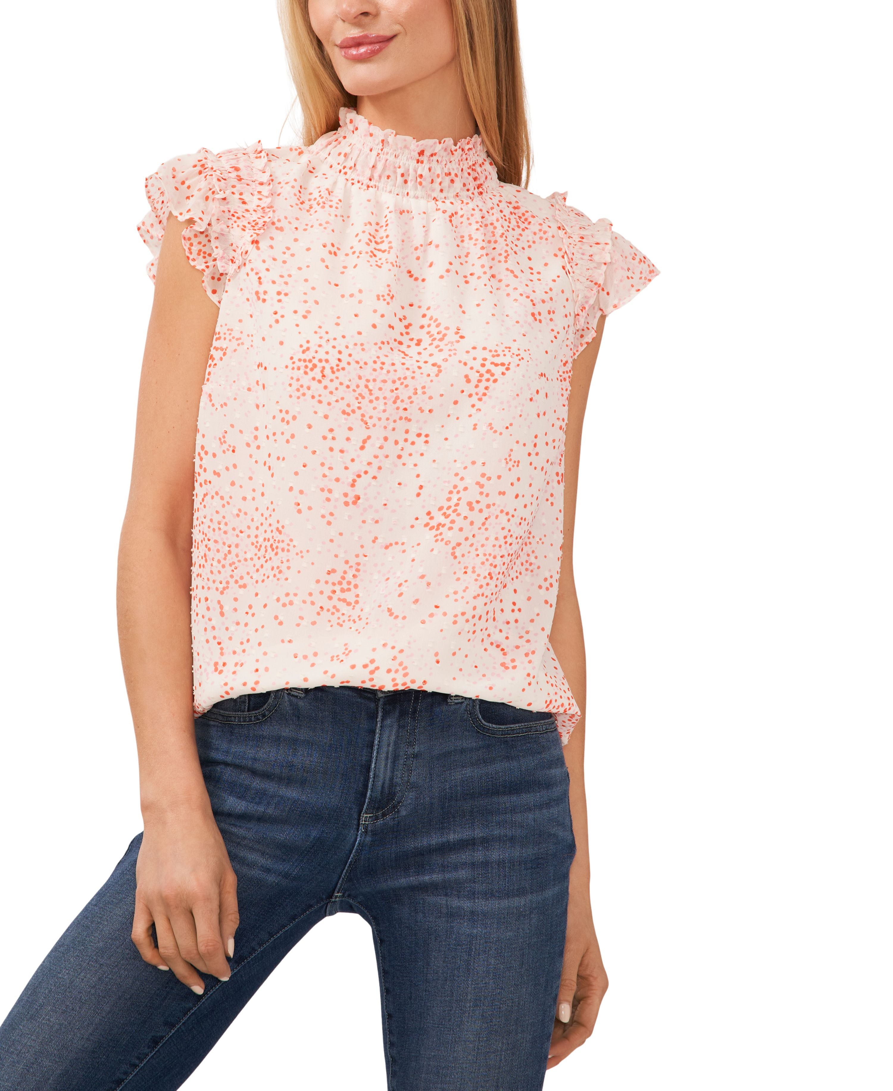 Women's Mock Neck Flutter Sleeve Printed Blouse