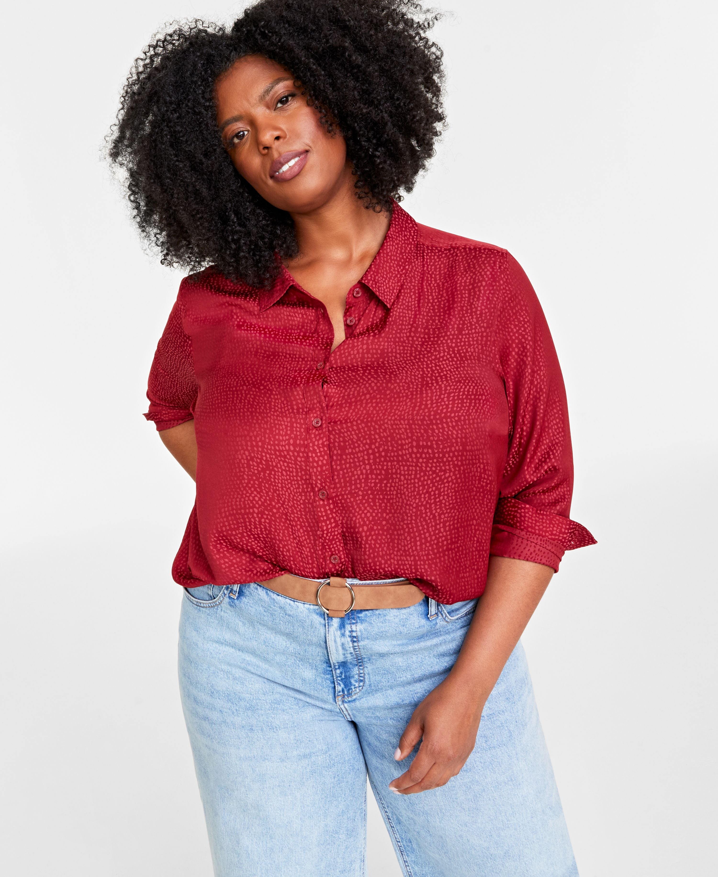 Plus Size Satin Jacquard Shirt