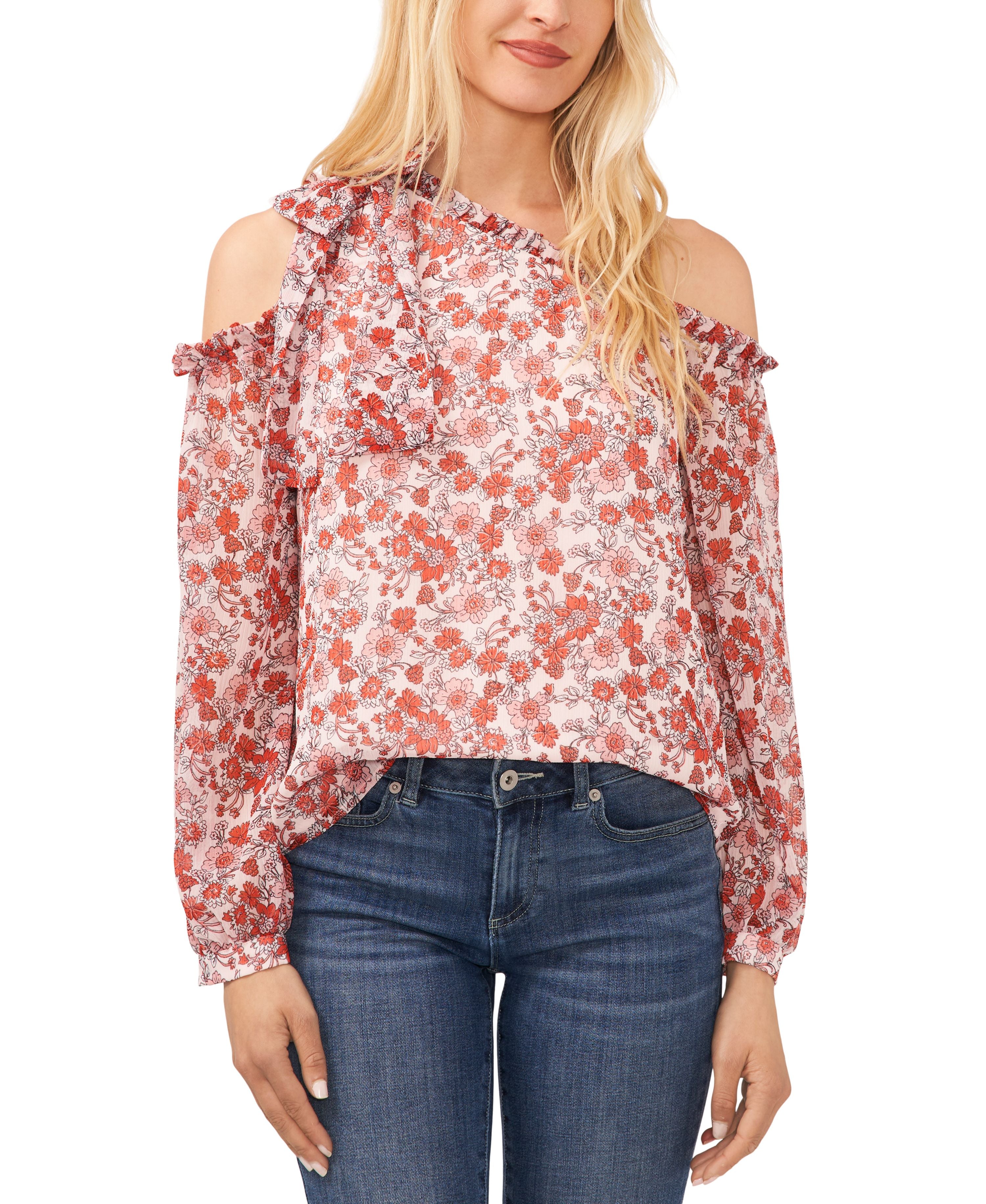 Women's Long Sleeve Cold-Shoulder Bow Floral-Print Blouse