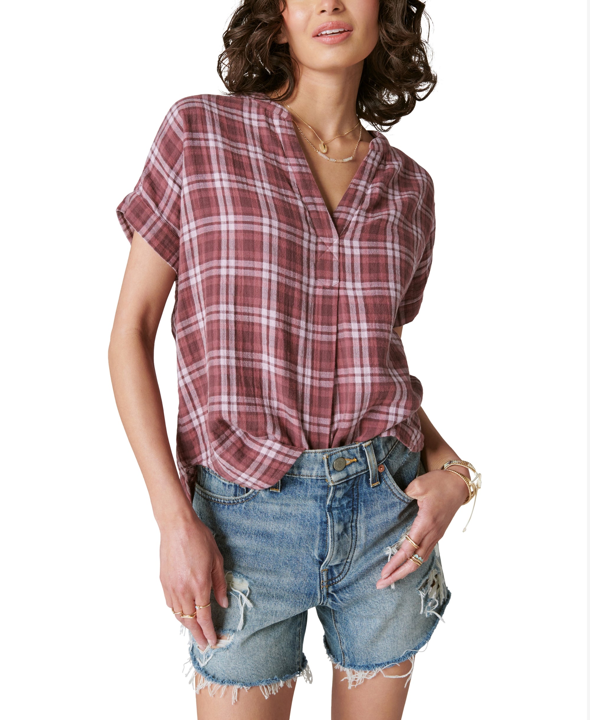 Women's Short-Sleeve Plaid Popover Shirt
