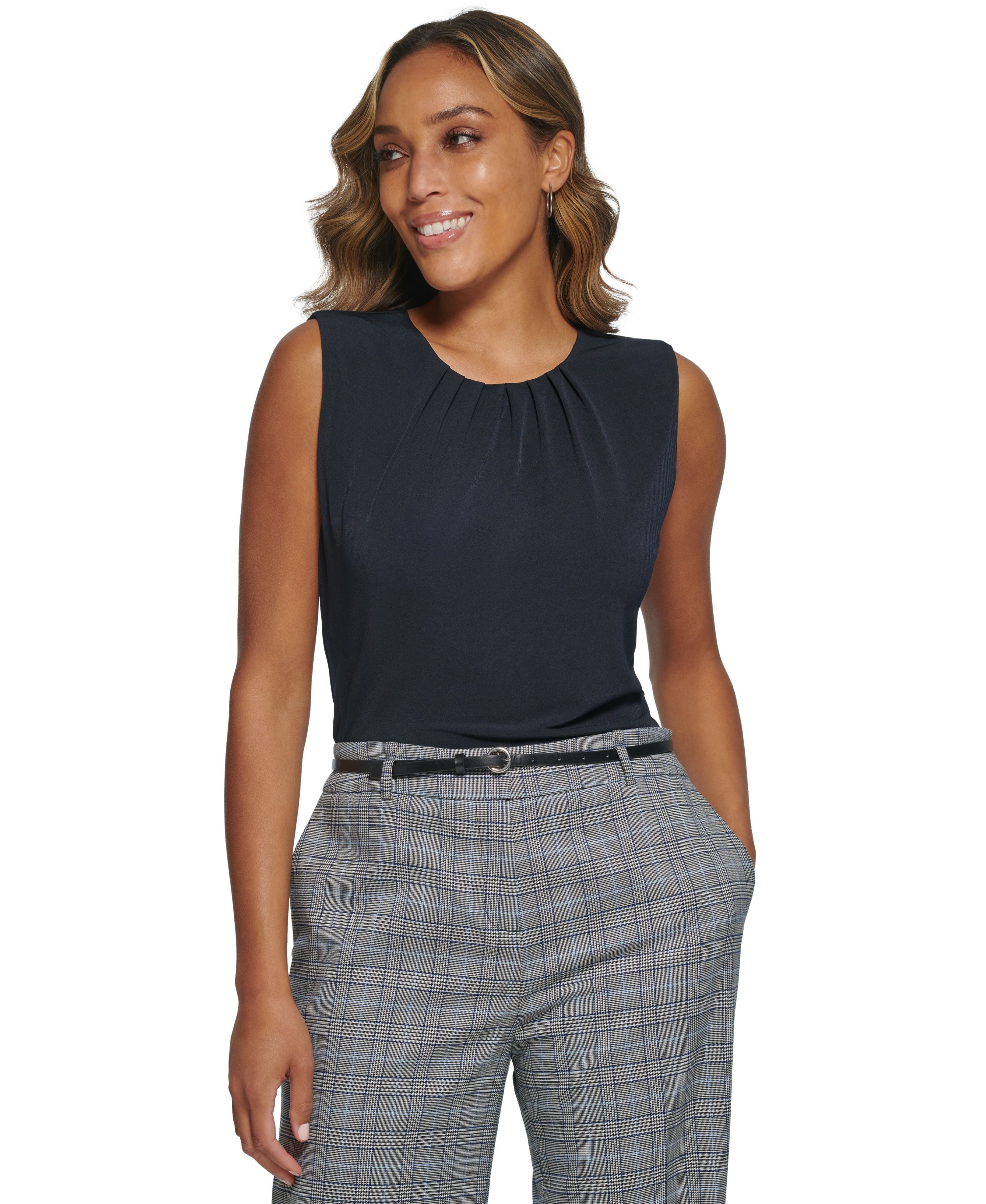 Sleeveless Pleated Crewneck Top