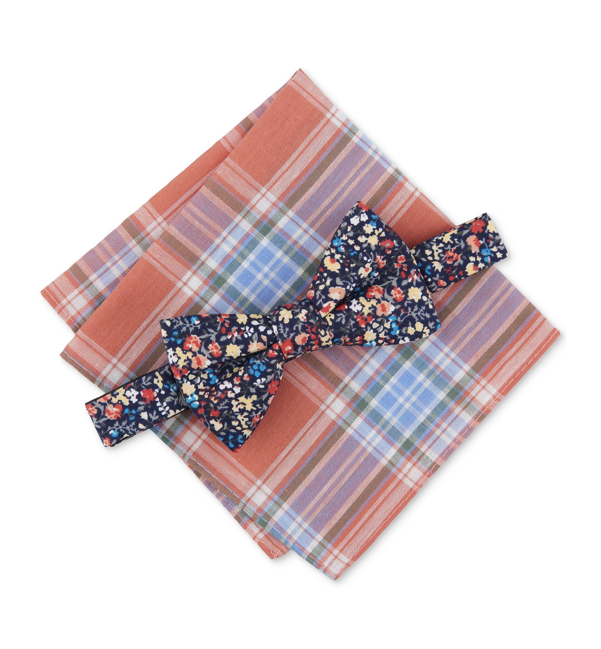 Men's Barrett Floral Bow Tie & Plaid Pocket Square Set