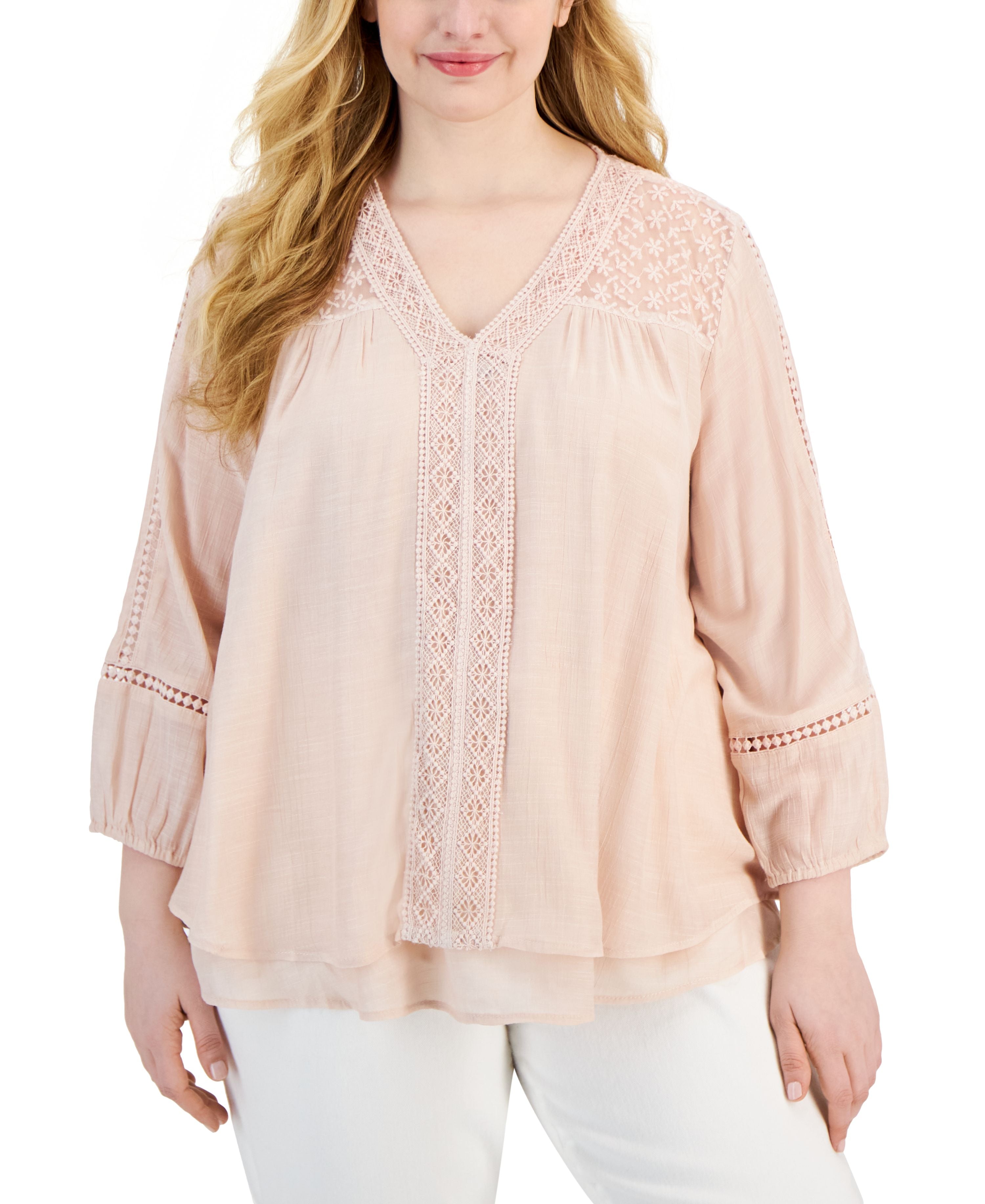 Plus Size Lace-Trim Long-Sleeve Top
