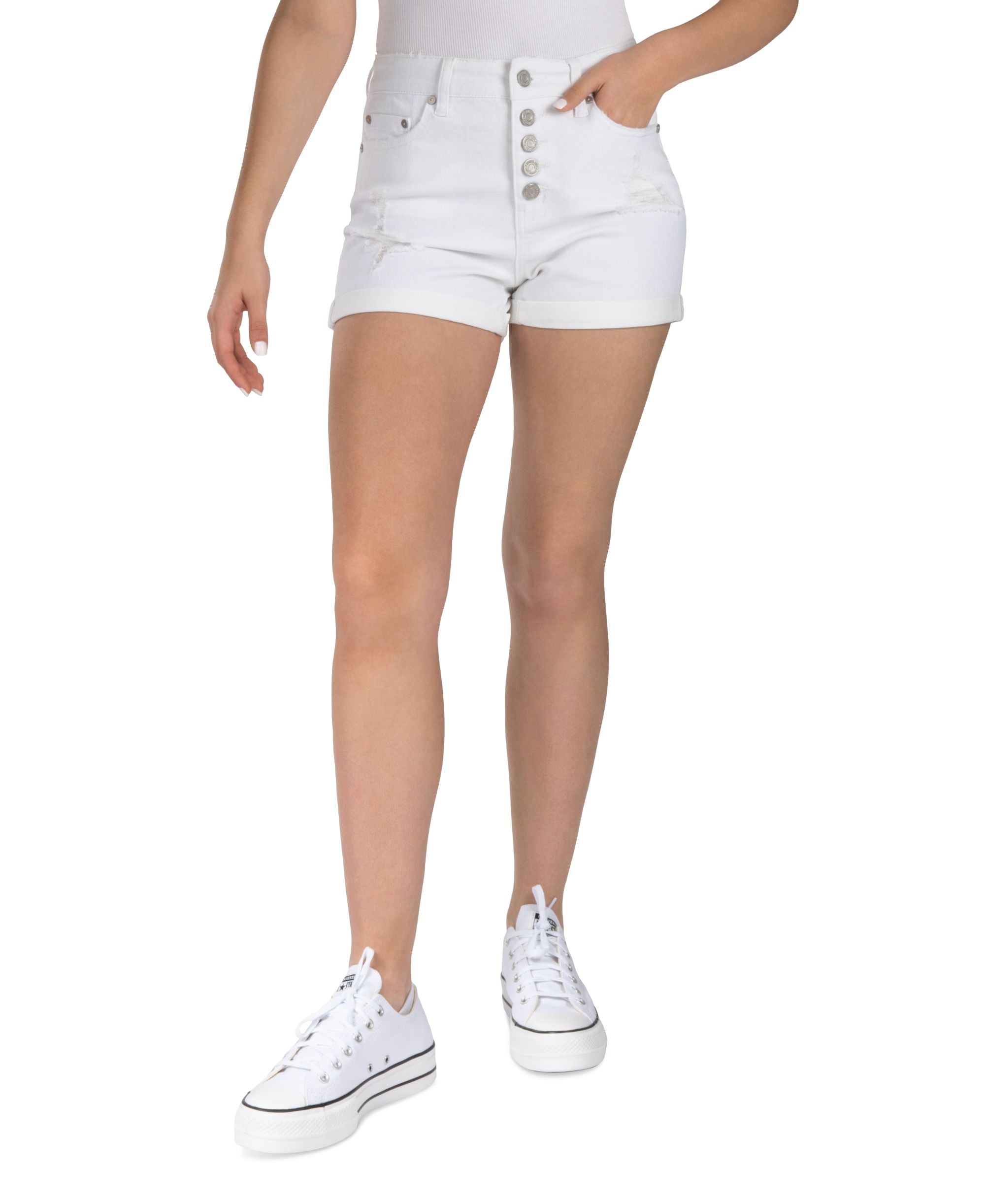 Juniors' High-Rise Button-Fly Distress Shorts