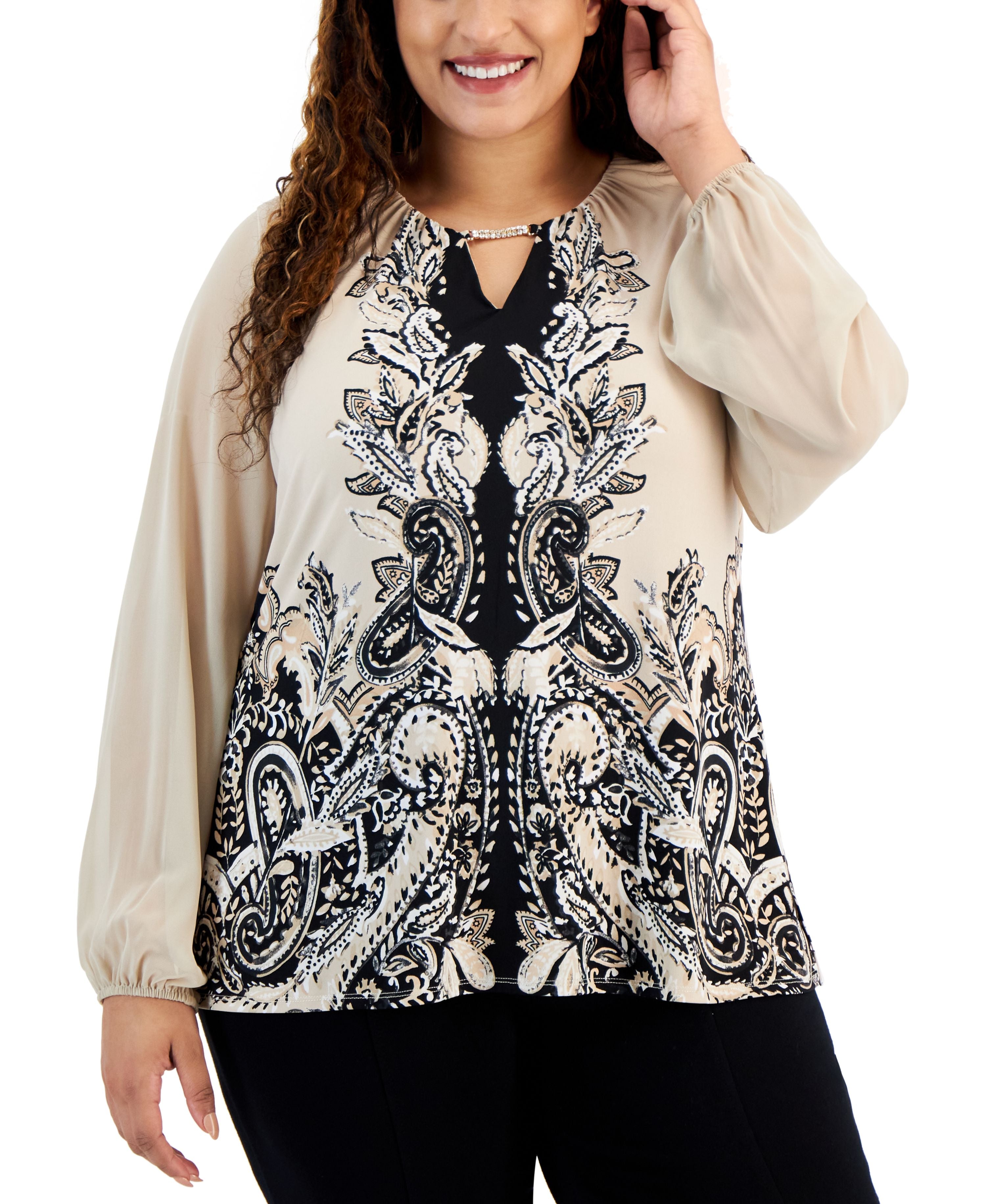 Plus Size Printed Chiffon-Sleeve Embellished-Neck Top