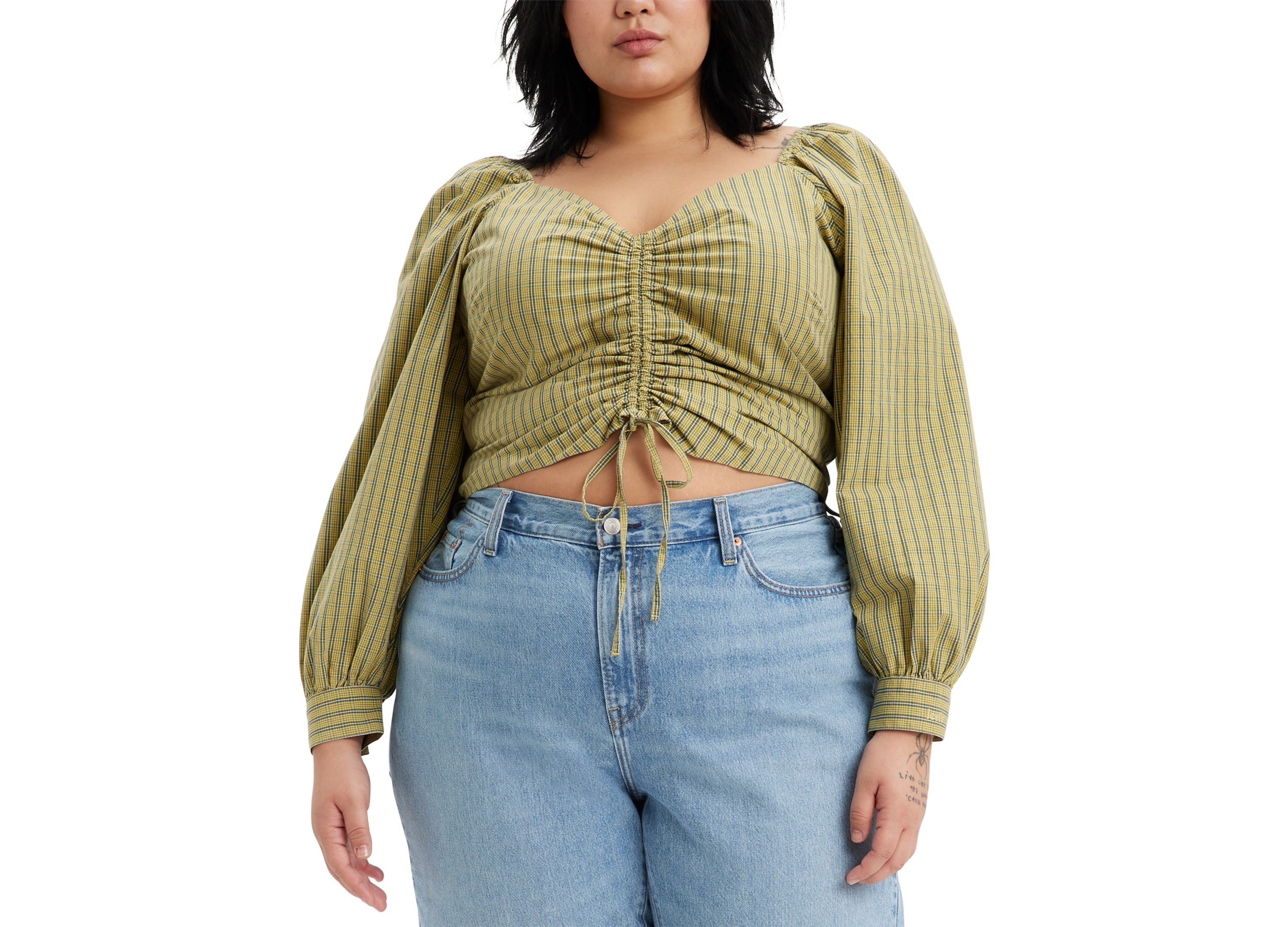 Trendy Plus Size Devin Cotton Plaid Ruched Balloon-Sleeve Top