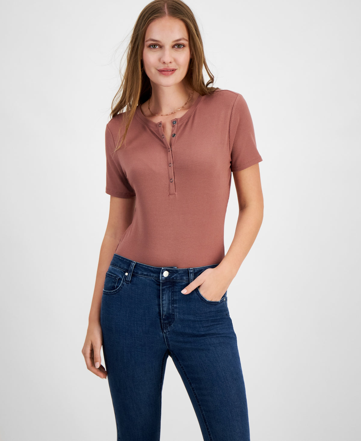 Women's Ribbed Henley Short-Sleeve Bodysuit