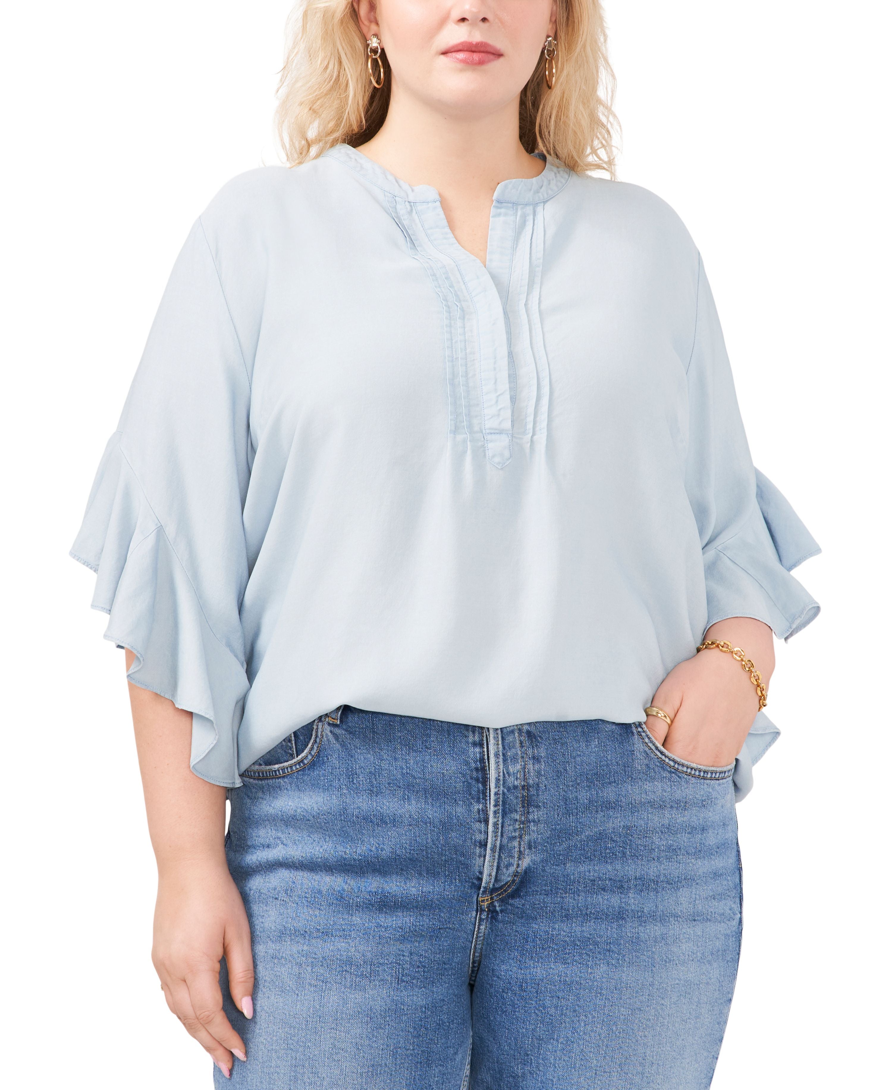Plus Size Split Neck Ruffle Sleeve Top