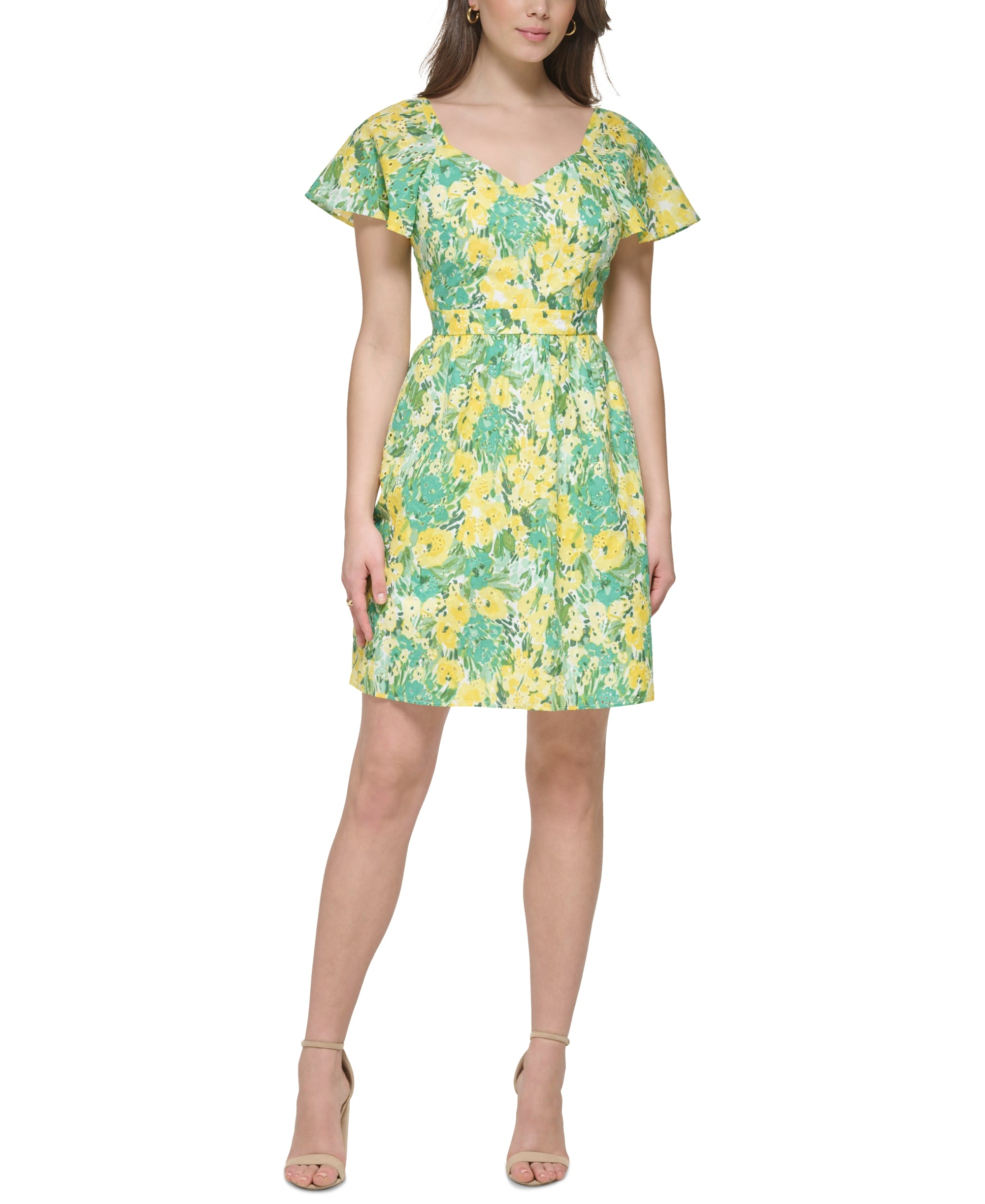 Women's Printed Eyelet Fit & Flare Mini Dress