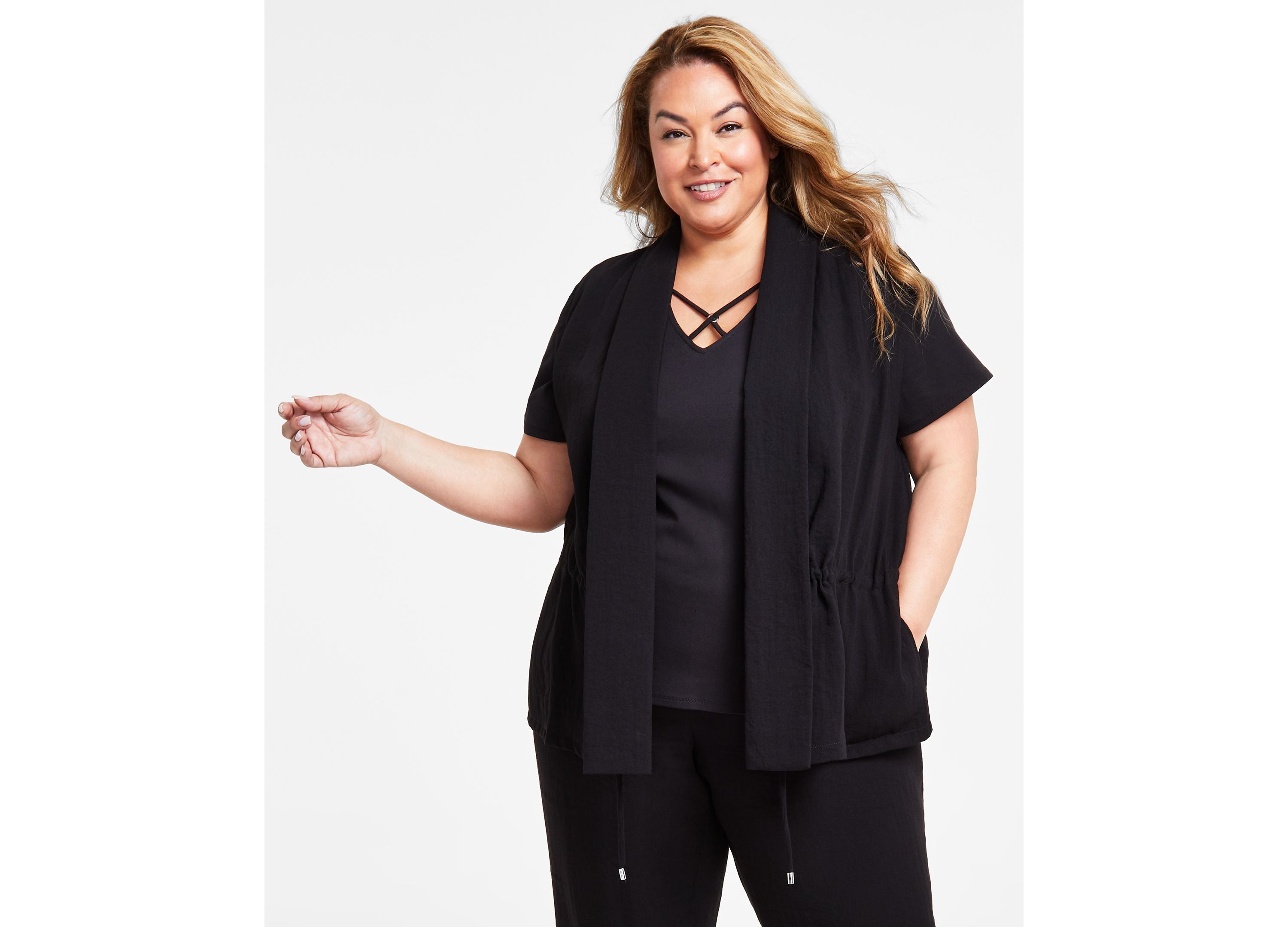 Plus Size Open-Front Cap-Sleeve Vest
