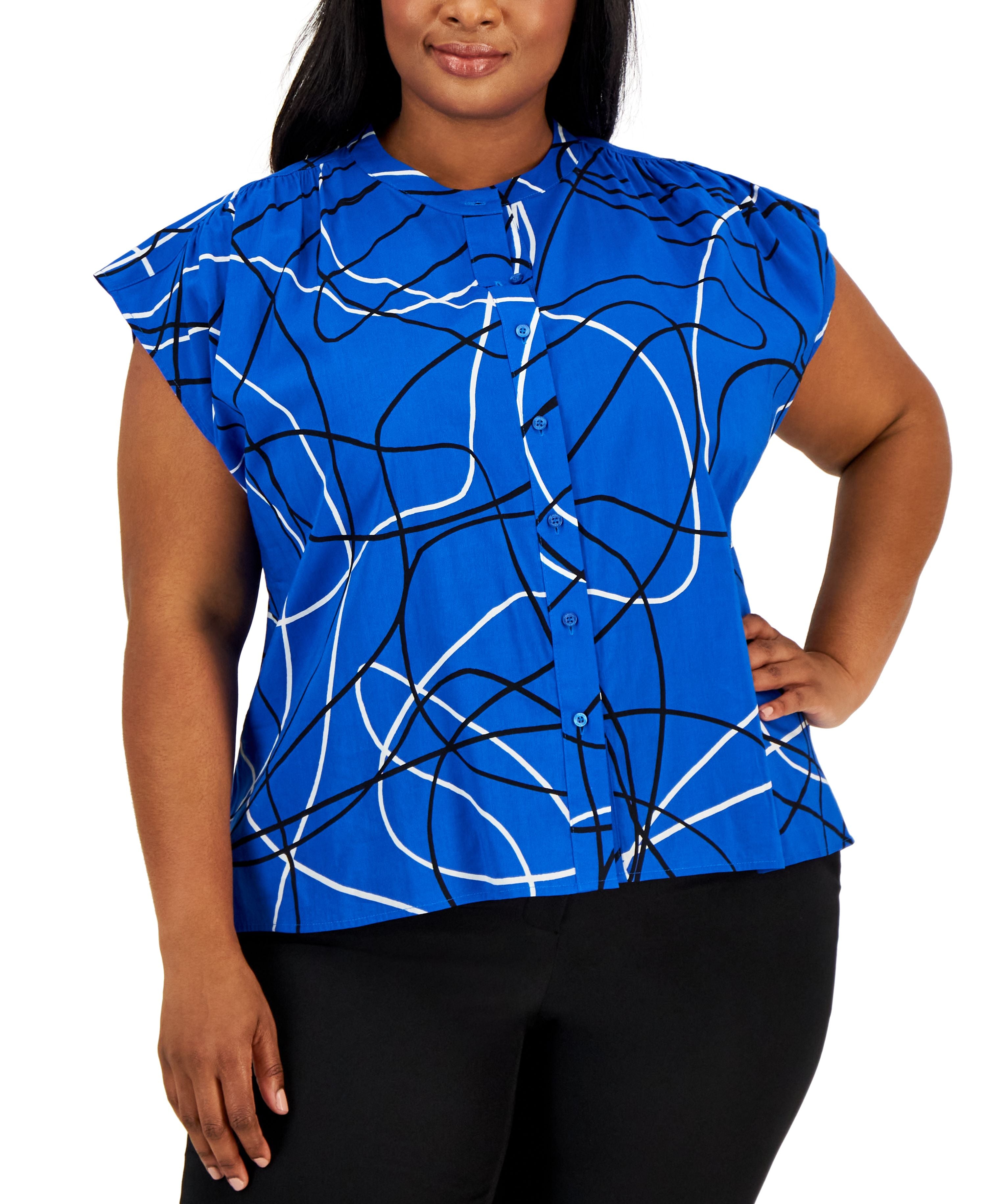Plus Size Printed Cap-Sleeve Blouse