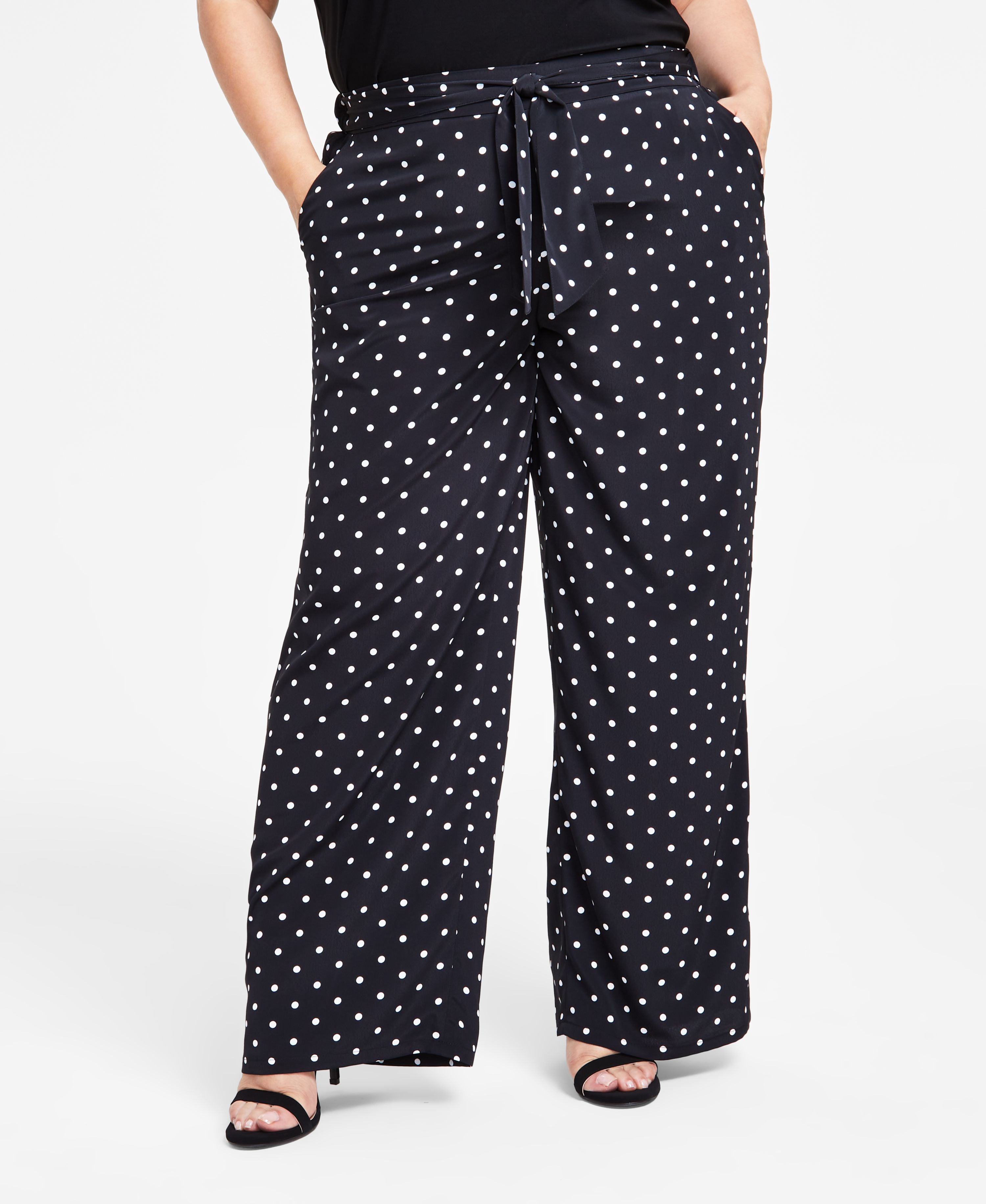 Plus Size Polka-Dot Tie-Front Wide-Leg Pants