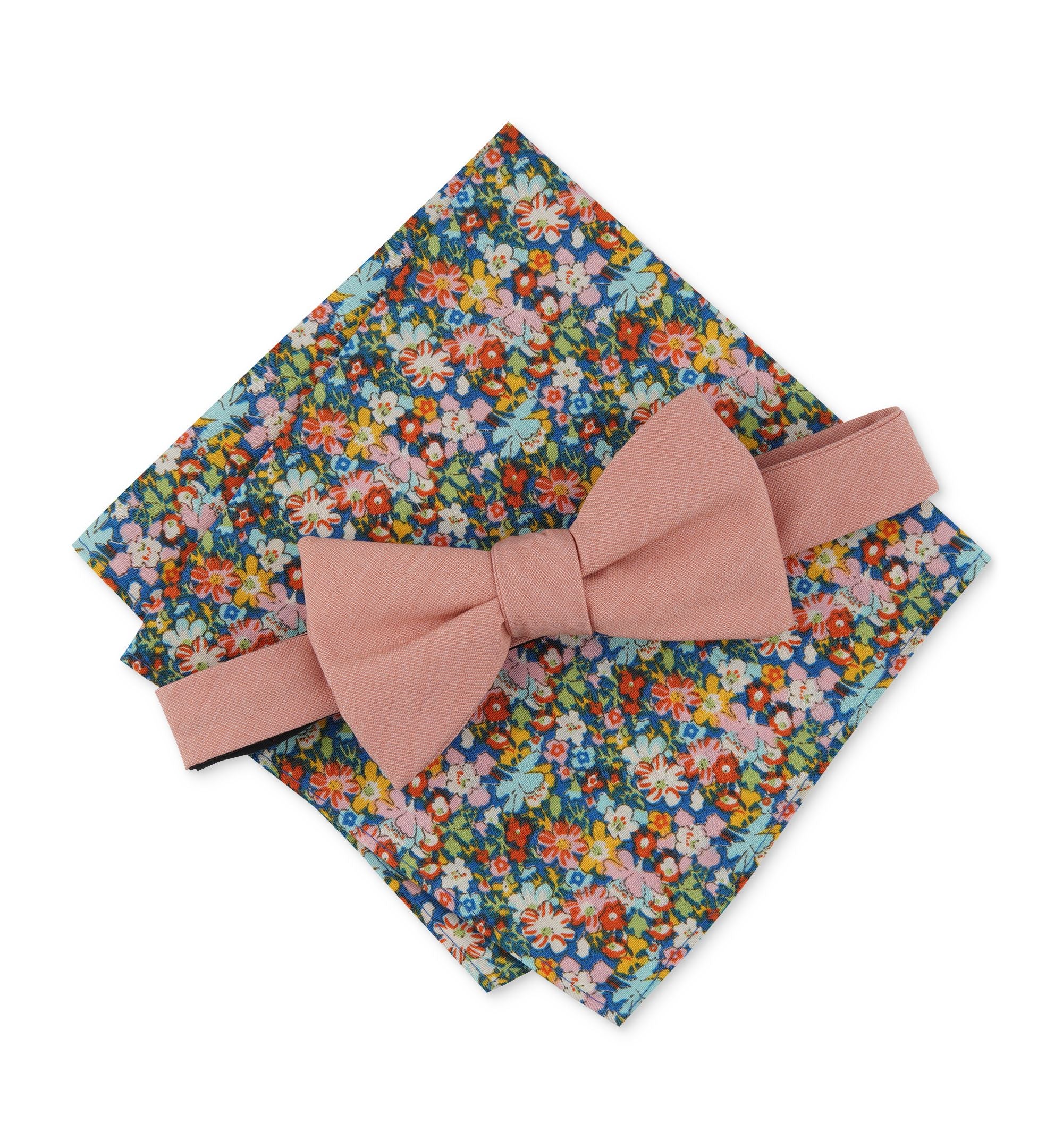 Men's Solid Bow Tie & Floral Pocket Square Set