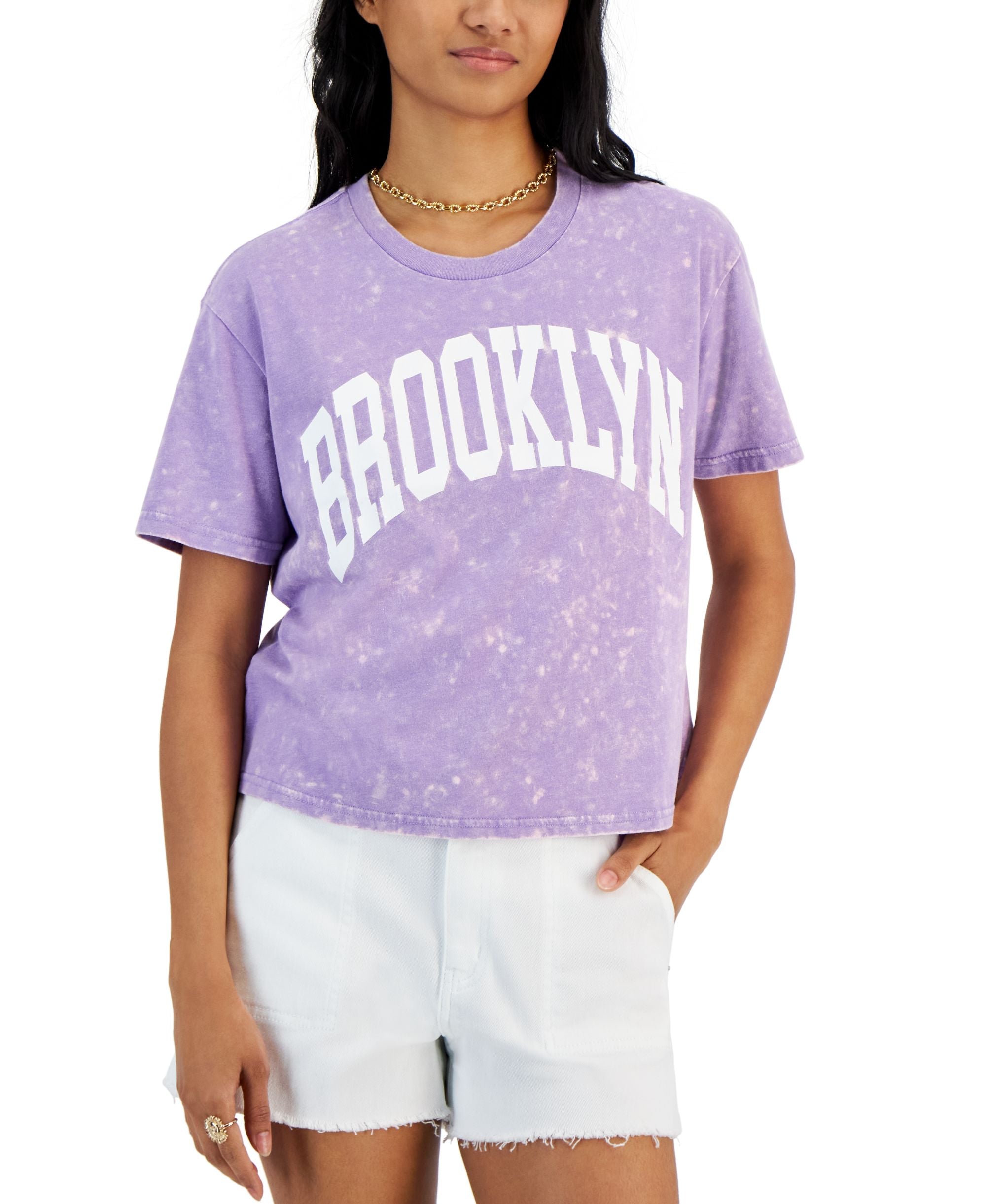 Juniors' Brooklyn Mineral-Wash Cropped Graphic T-Shirt