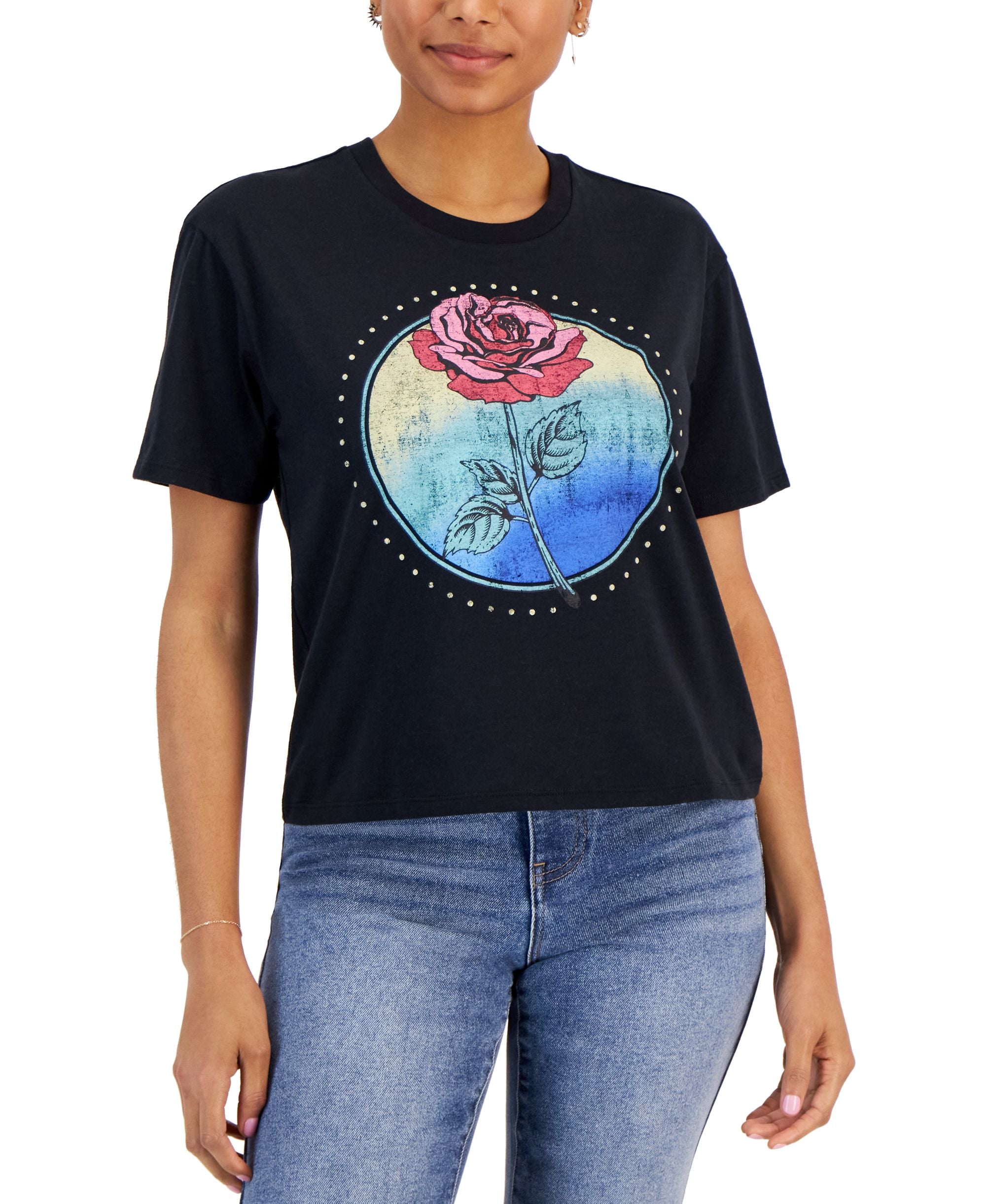 Juniors' Cropped Rose Short Sleeve T-Shirt