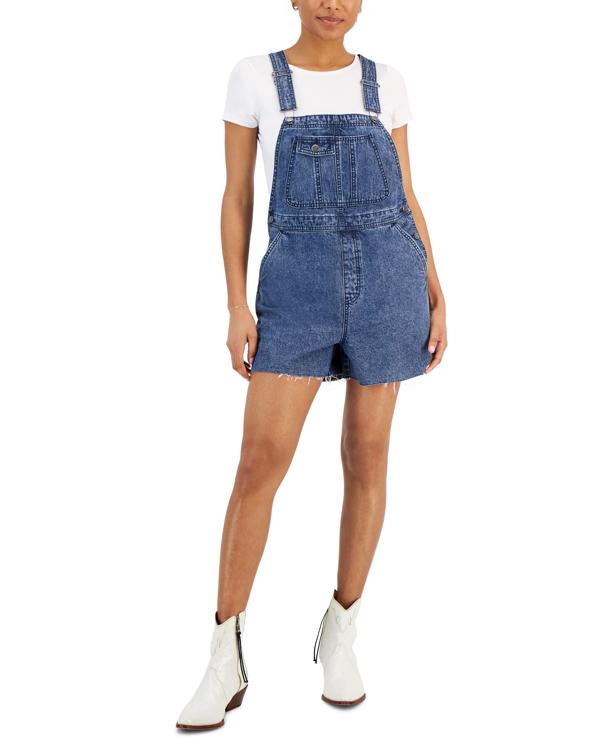 Juniors' Cotton Raw Hem Denim Shortalls