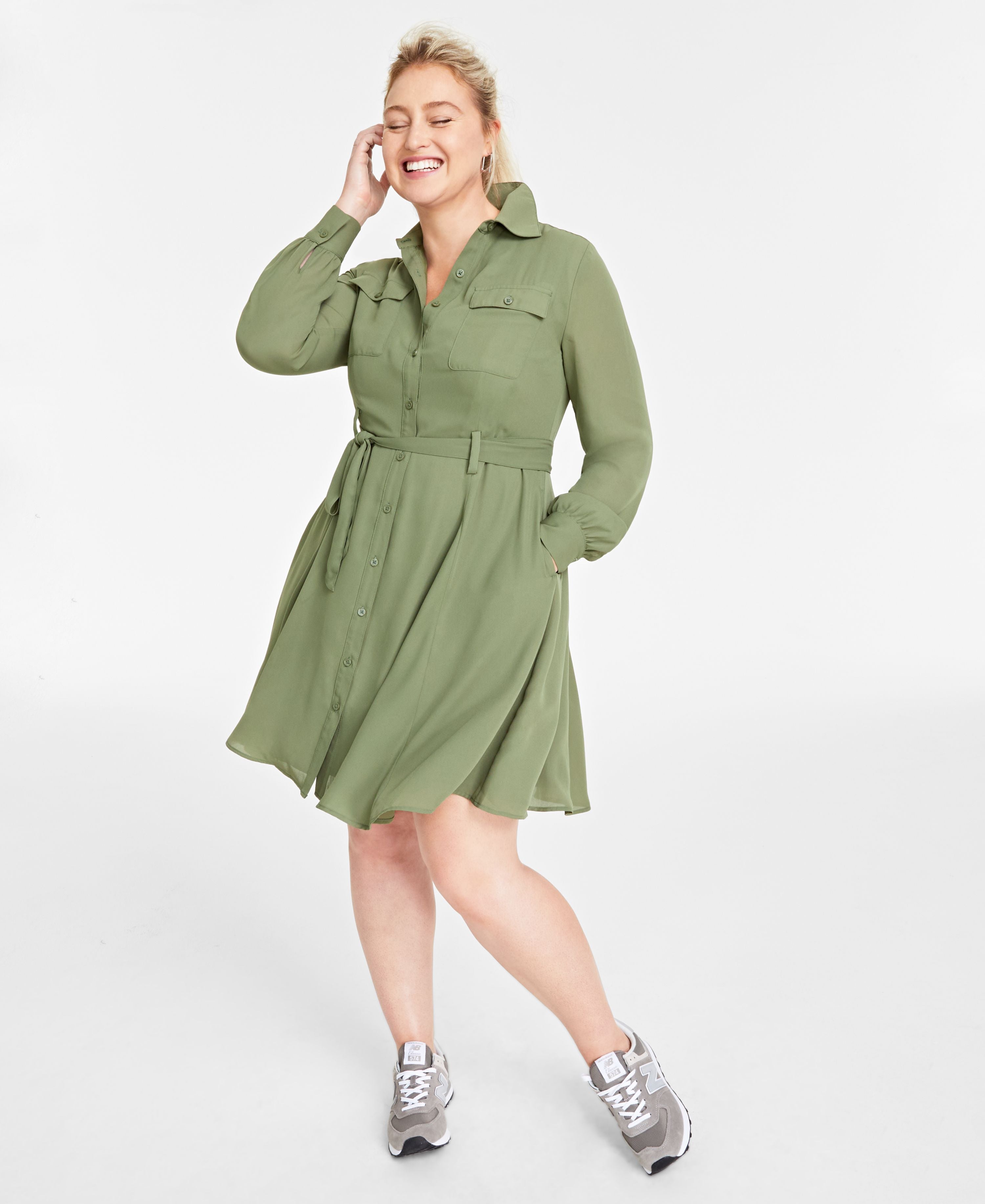 Women's Long-Sleeve Belted Shirtdress