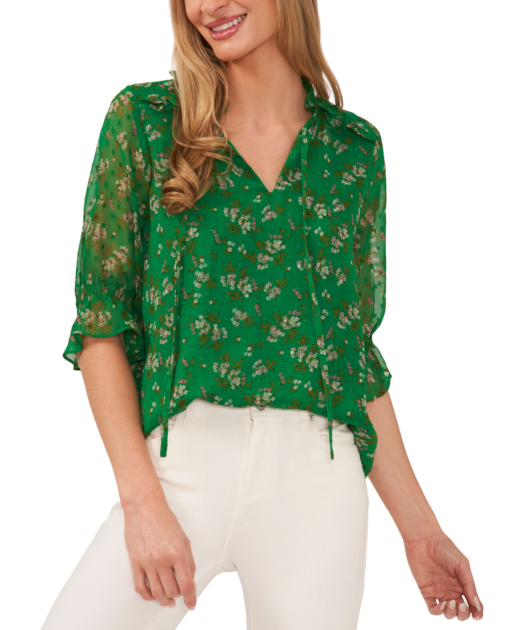 Cece Womens Floral Print Tie Neck Clip Dot Blouse