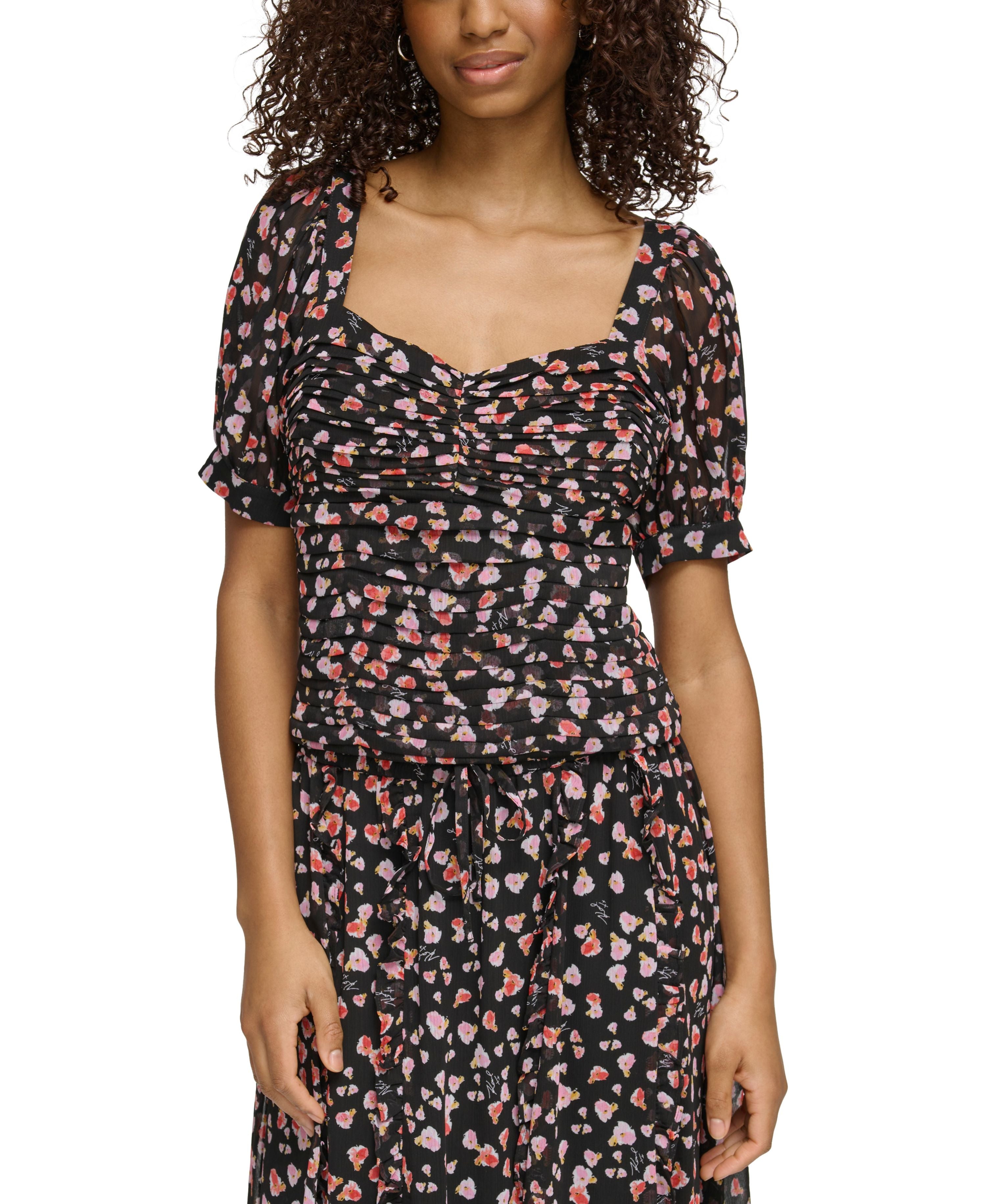 Women's Printed Ruched Puff-Sleeve Blouse