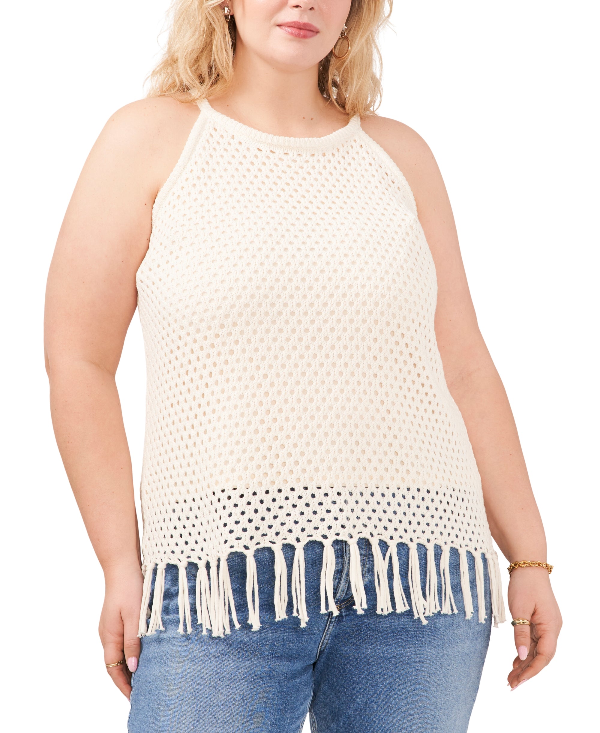 Plus Size Fringed Crochet Stitch Cotton Halter Top